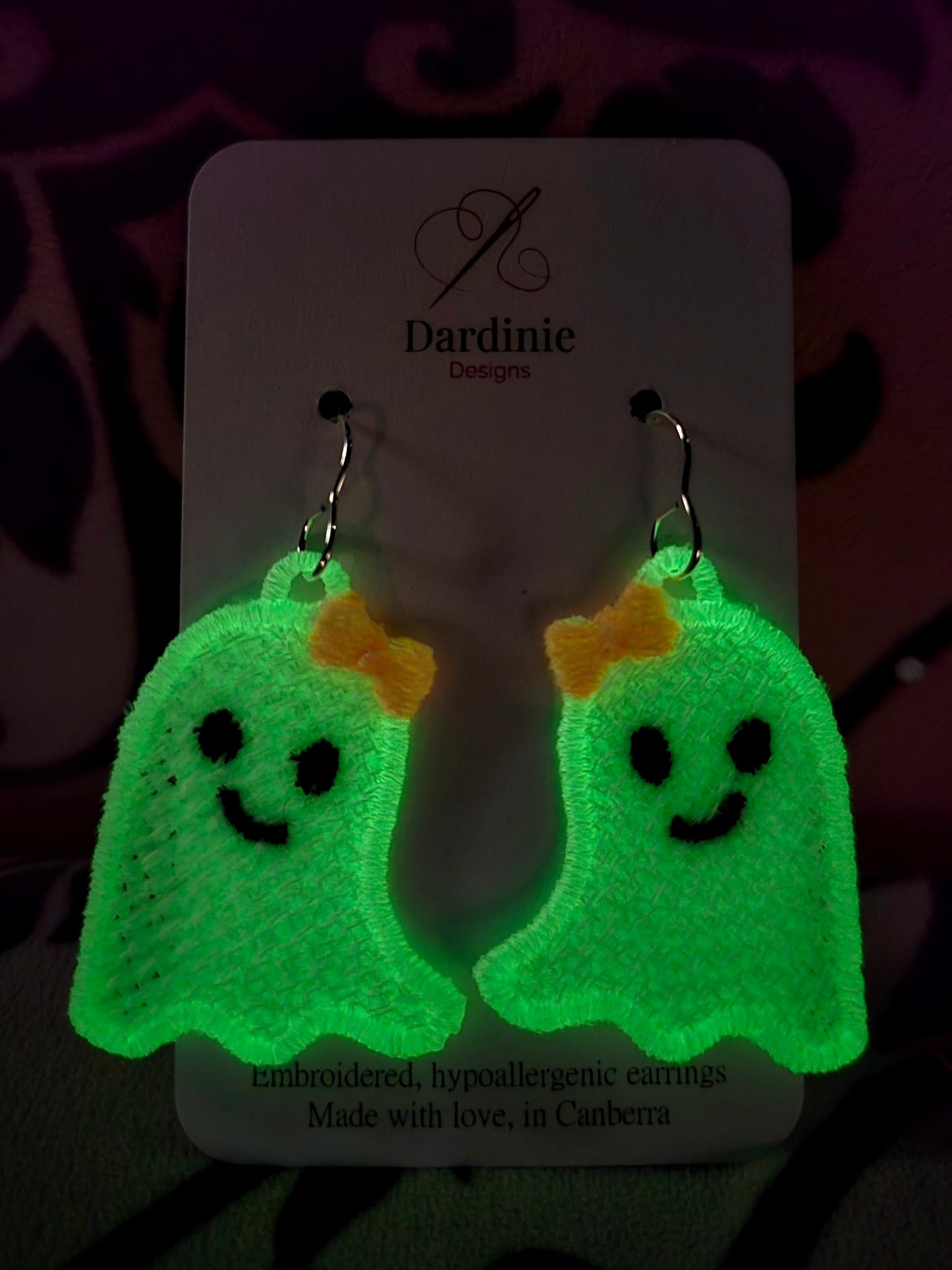 Halloween Glow in the Dark Girl Ghost Lightweight Embroidered Earrings with Hypoallergenic hooks