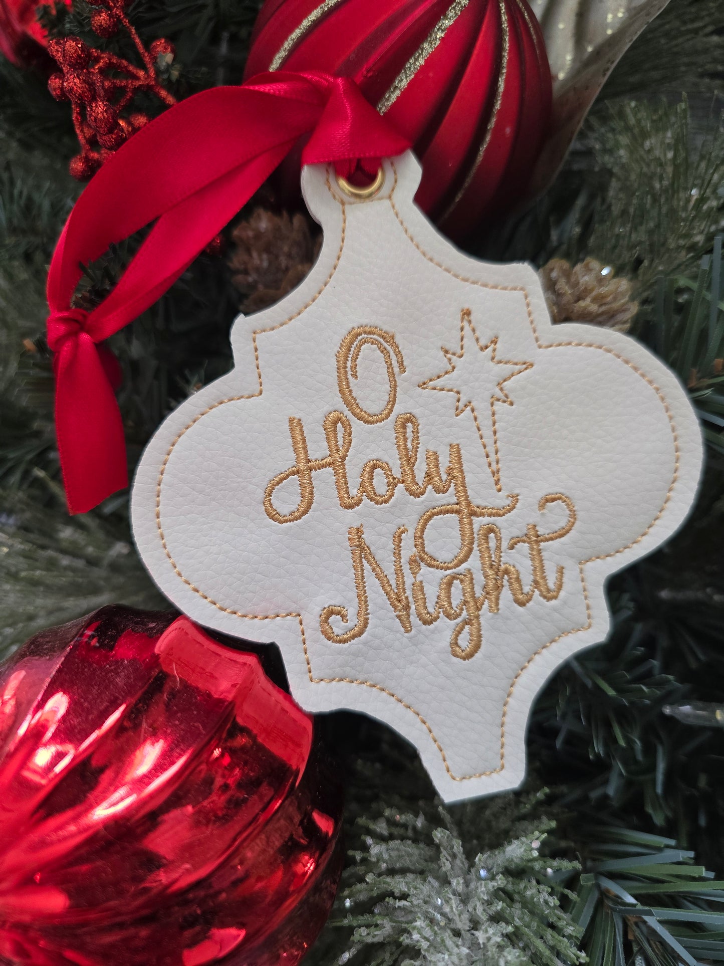 O Holy Night, handcut vinyl ornament with satin ribbon