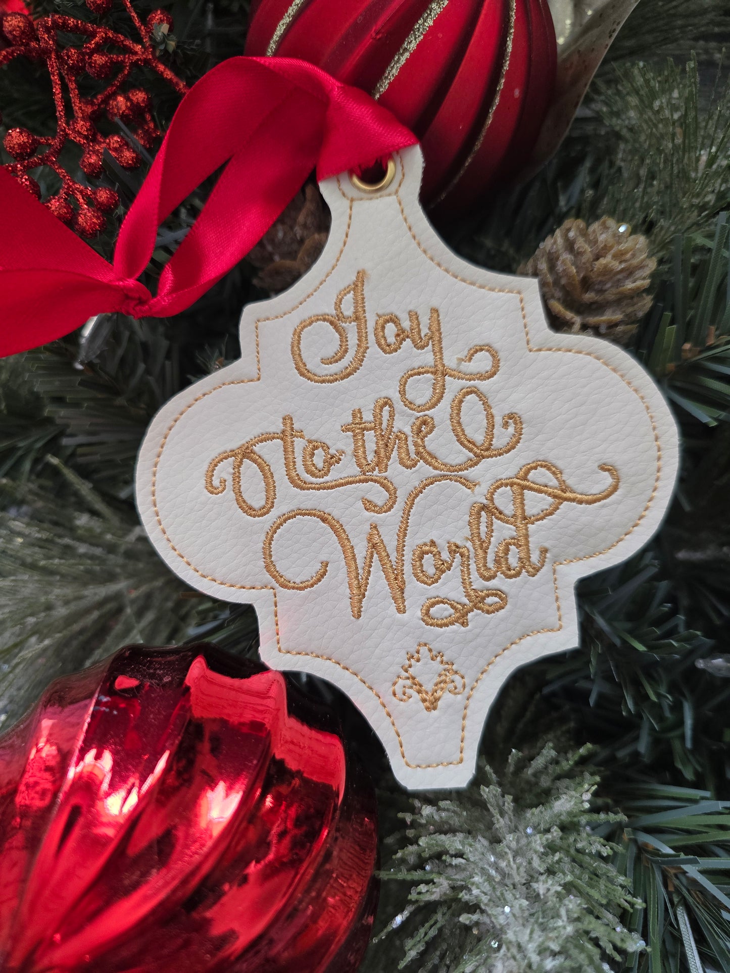 Joy to the World, handcut vinyl ornament with satin ribbon