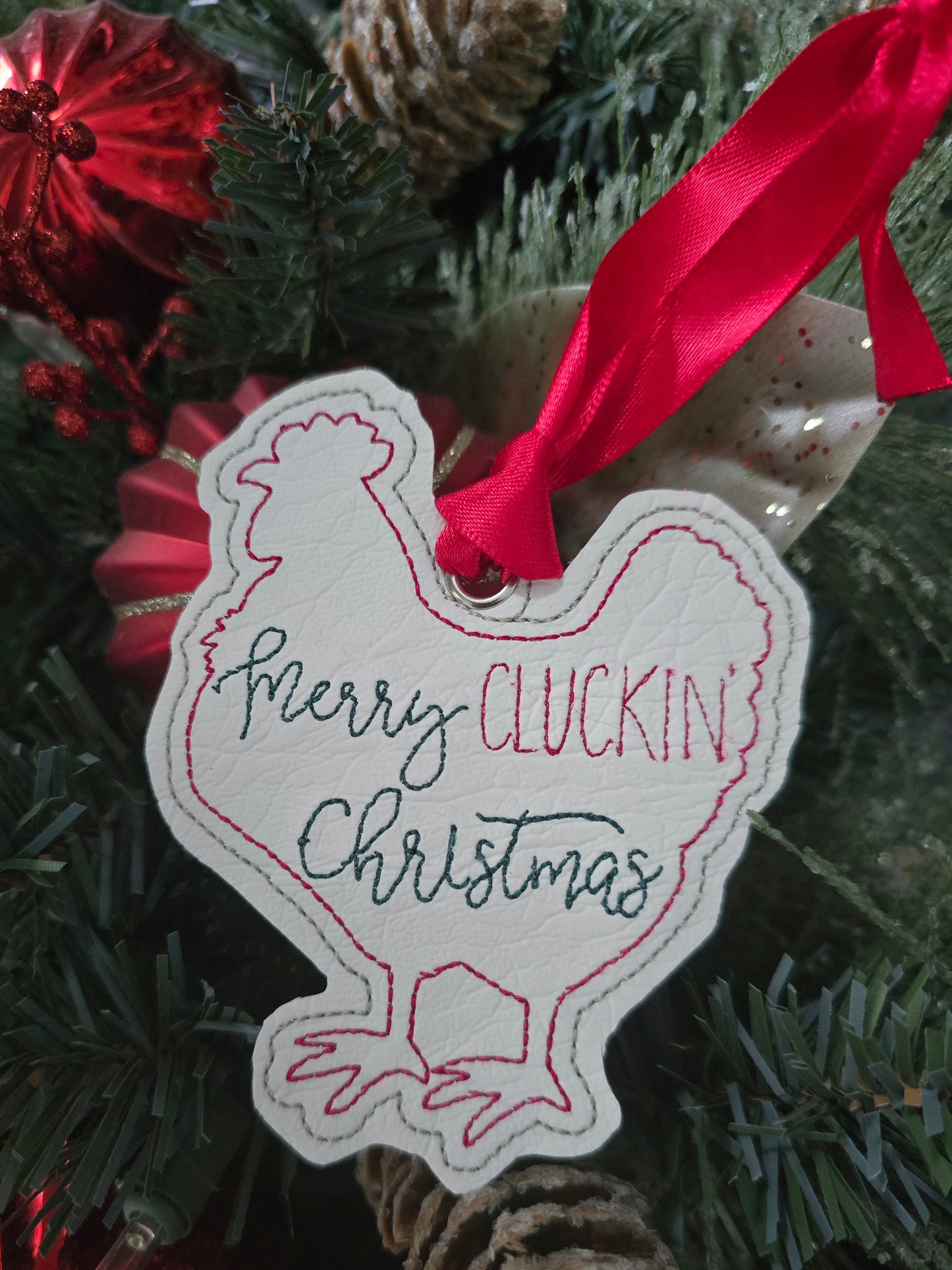 Merry Clucking Christmas, Chicken themed handcut vinyl ornament with satin ribbon
