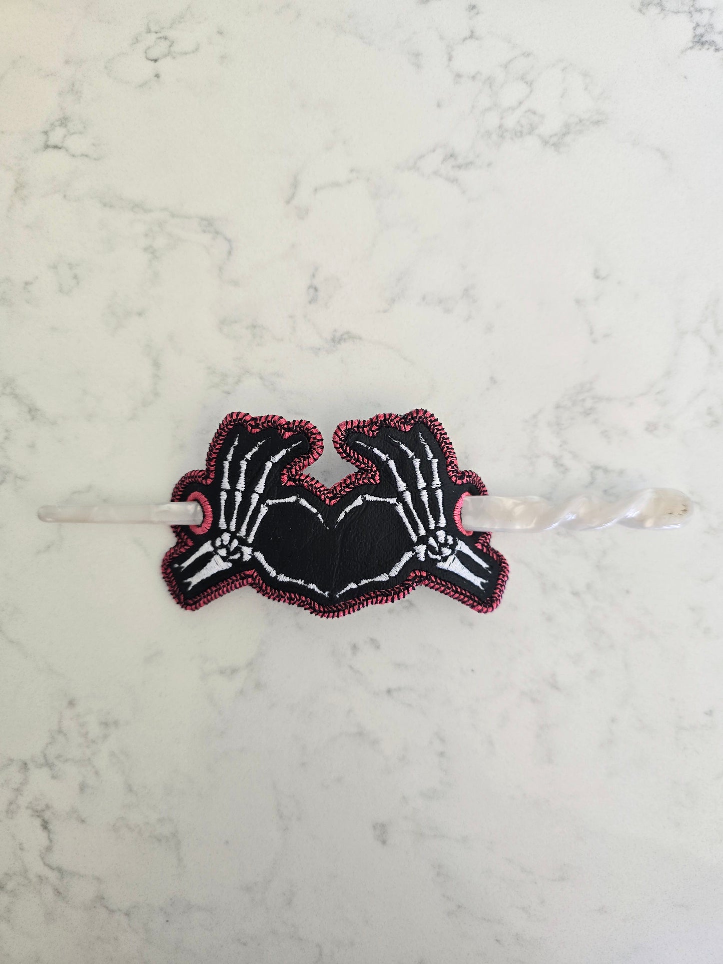 Skeleton Hands hair bun cover - embroidered peacock on vinyl with smooth hair chopstick / pin - Discontinued