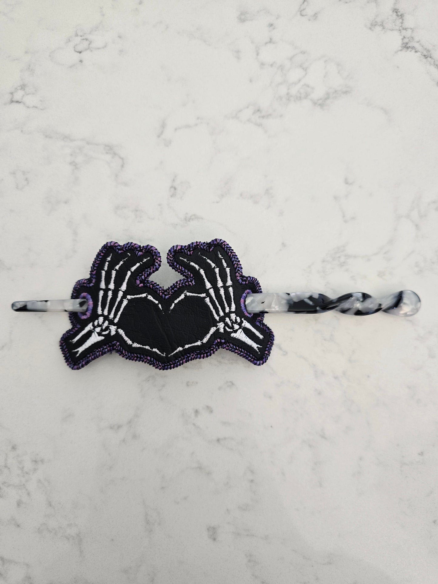 Skeleton Hands hair bun cover - embroidered peacock on vinyl with smooth hair chopstick / pin - Discontinued