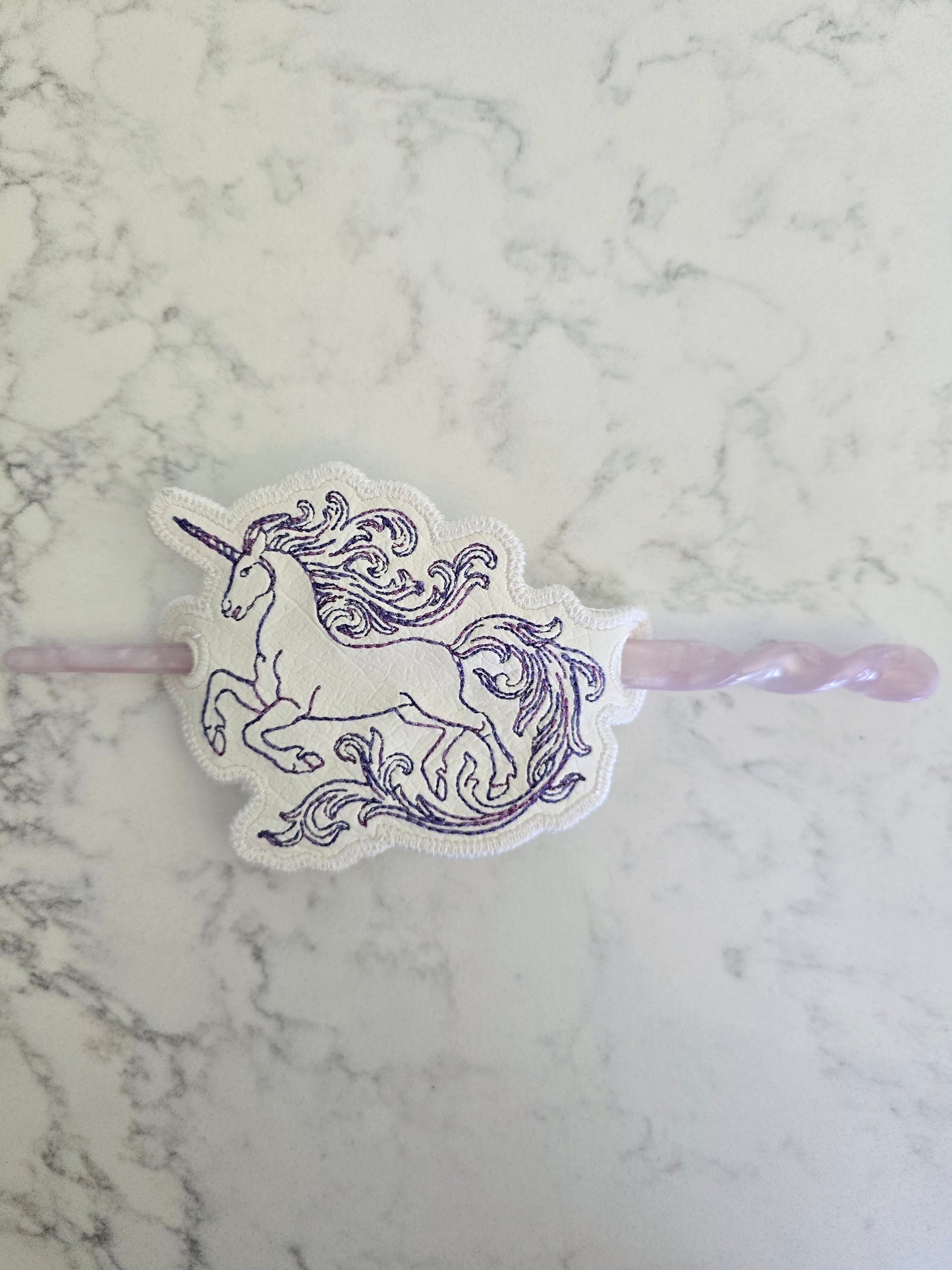 Unicorn hair bun cover - embroidered peacock on vinyl with smooth hair chopstick / pin