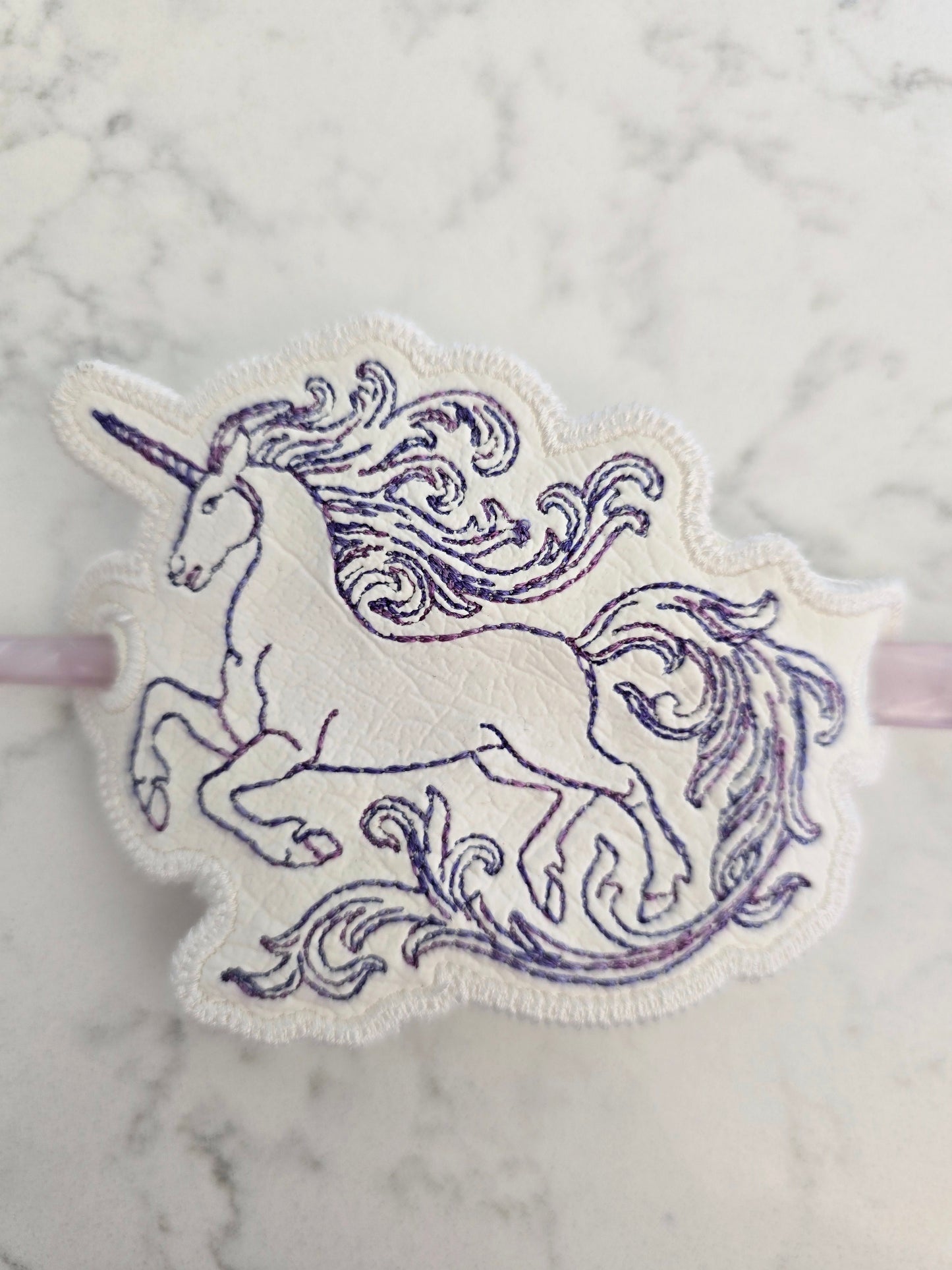 Unicorn hair bun cover - embroidered peacock on vinyl with smooth hair chopstick / pin