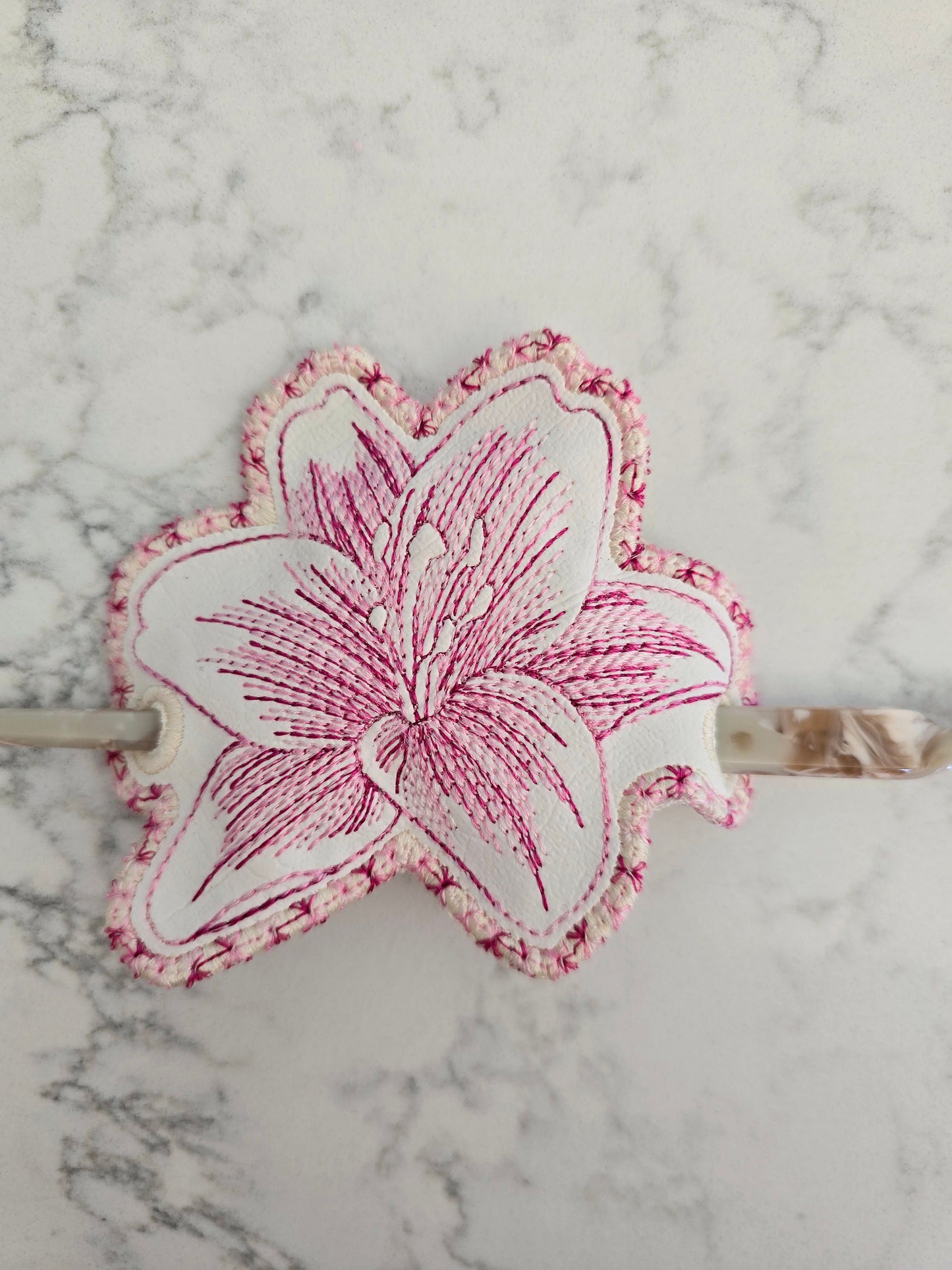 Embroidered Lily Flower Hair Bun Cover - White Vinyl with Smooth Hair Chopstick/Pin - Discontinued