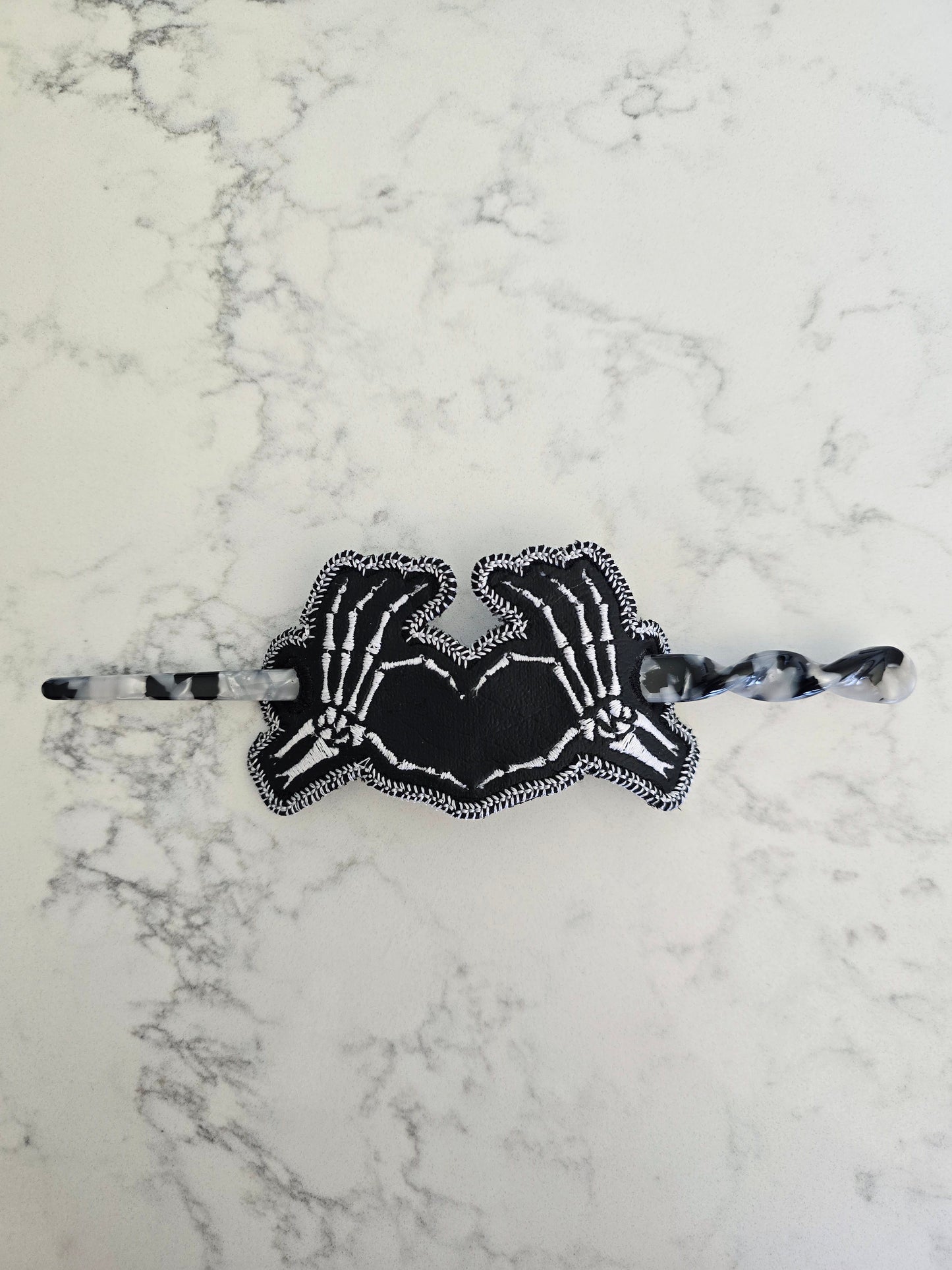 Skeleton Hands hair bun cover - embroidered peacock on vinyl with smooth hair chopstick / pin - Discontinued