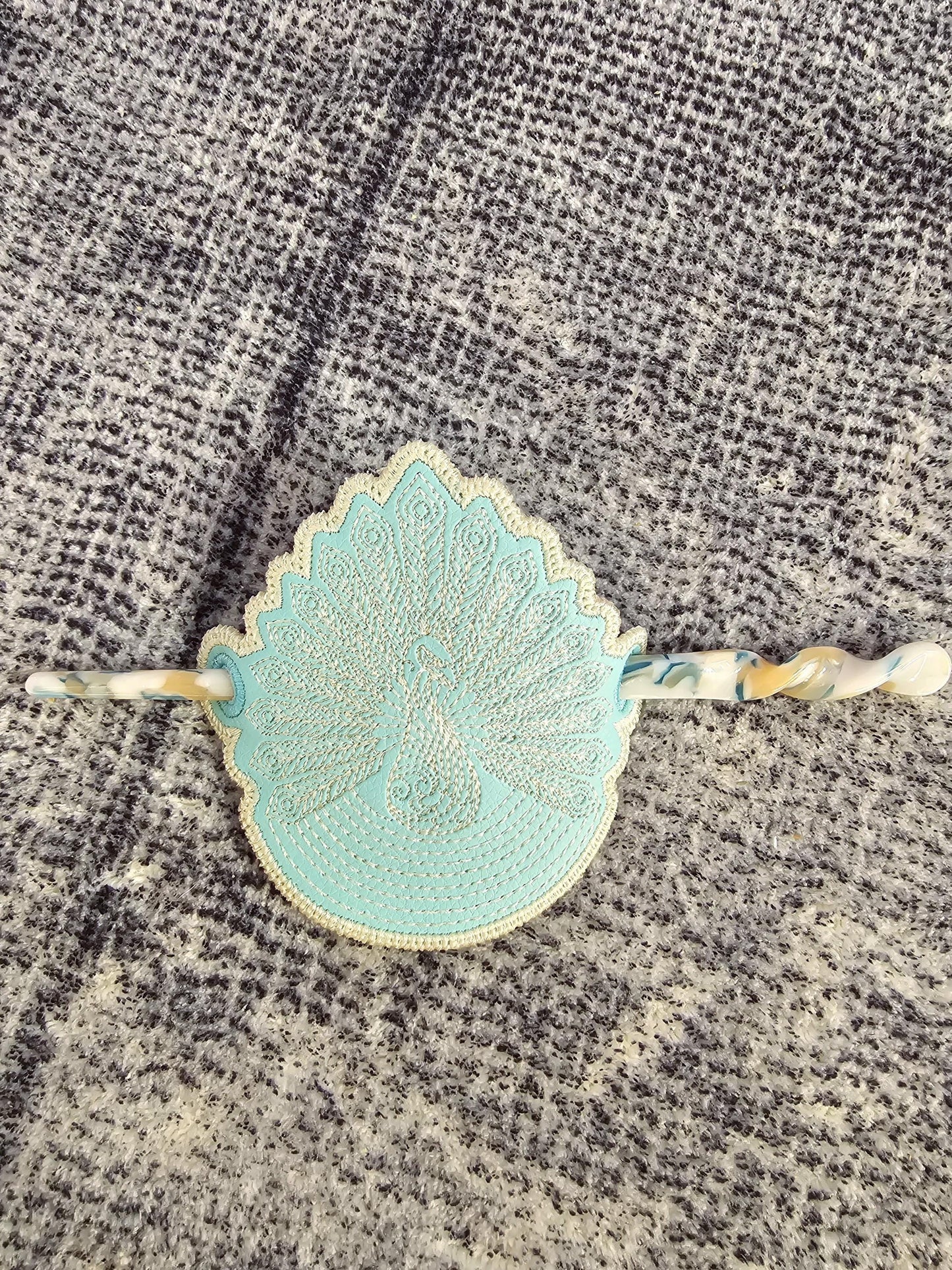 Peacock hair bun cover - embroidered peacock on vinyl with smooth hair chopstick / pin - Discontinued