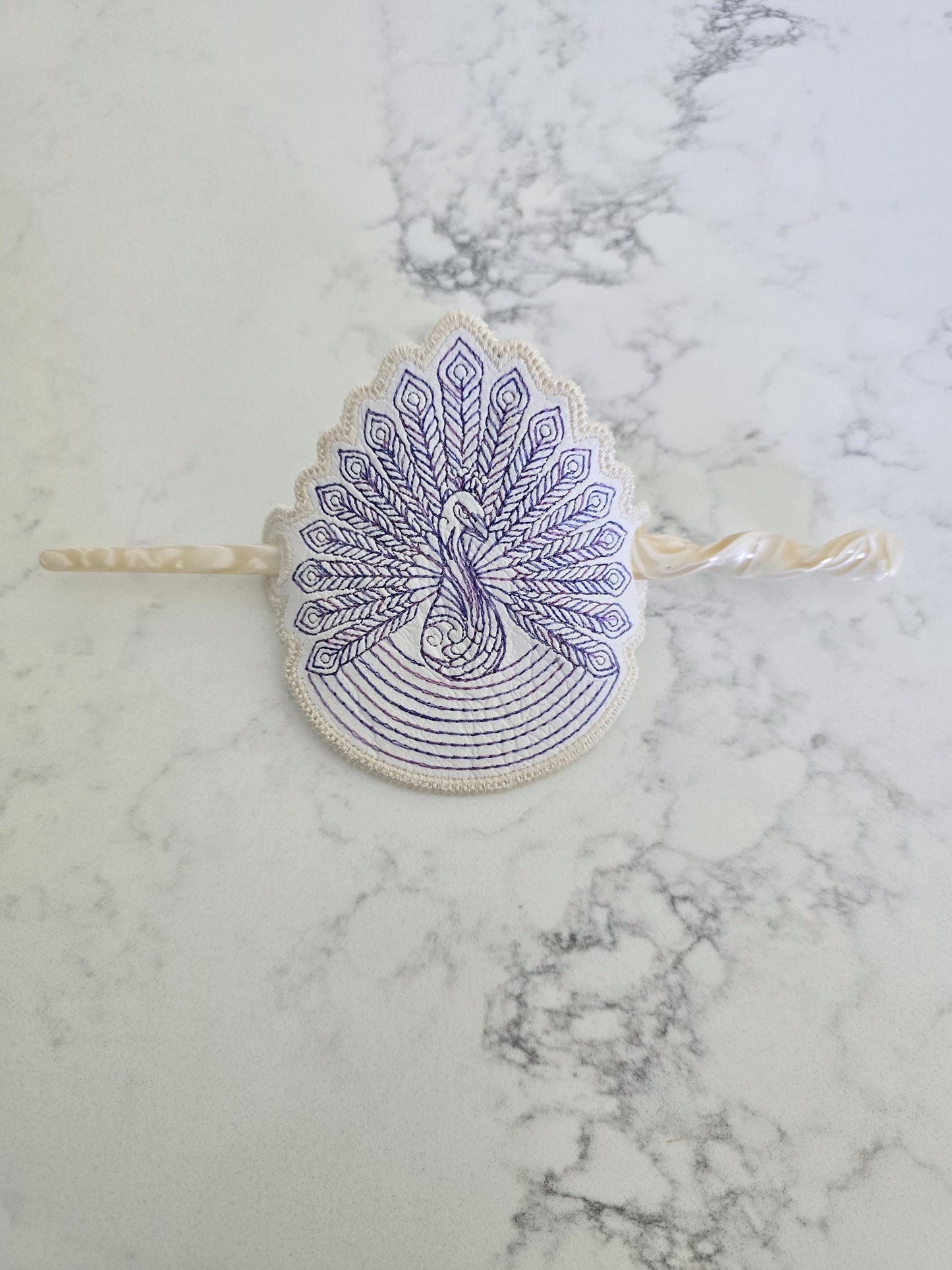 Peacock hair bun cover - embroidered peacock on vinyl with smooth hair chopstick / pin - Discontinued