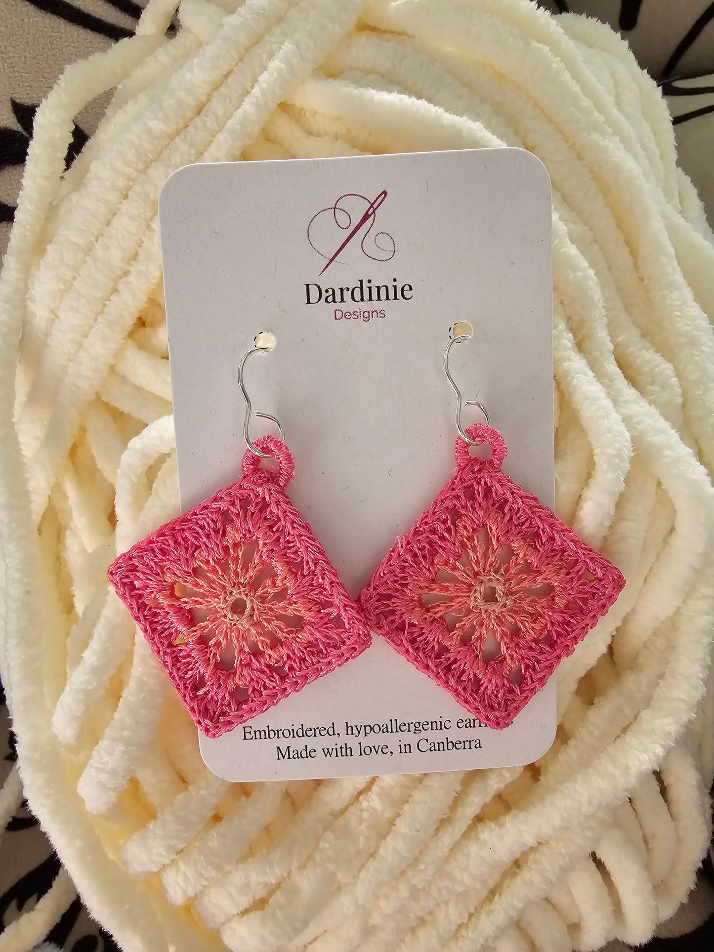Large Pink Granny Square - Crochet Inspired Lightweight Embroidered Earrings with Hypoallergenic hooks