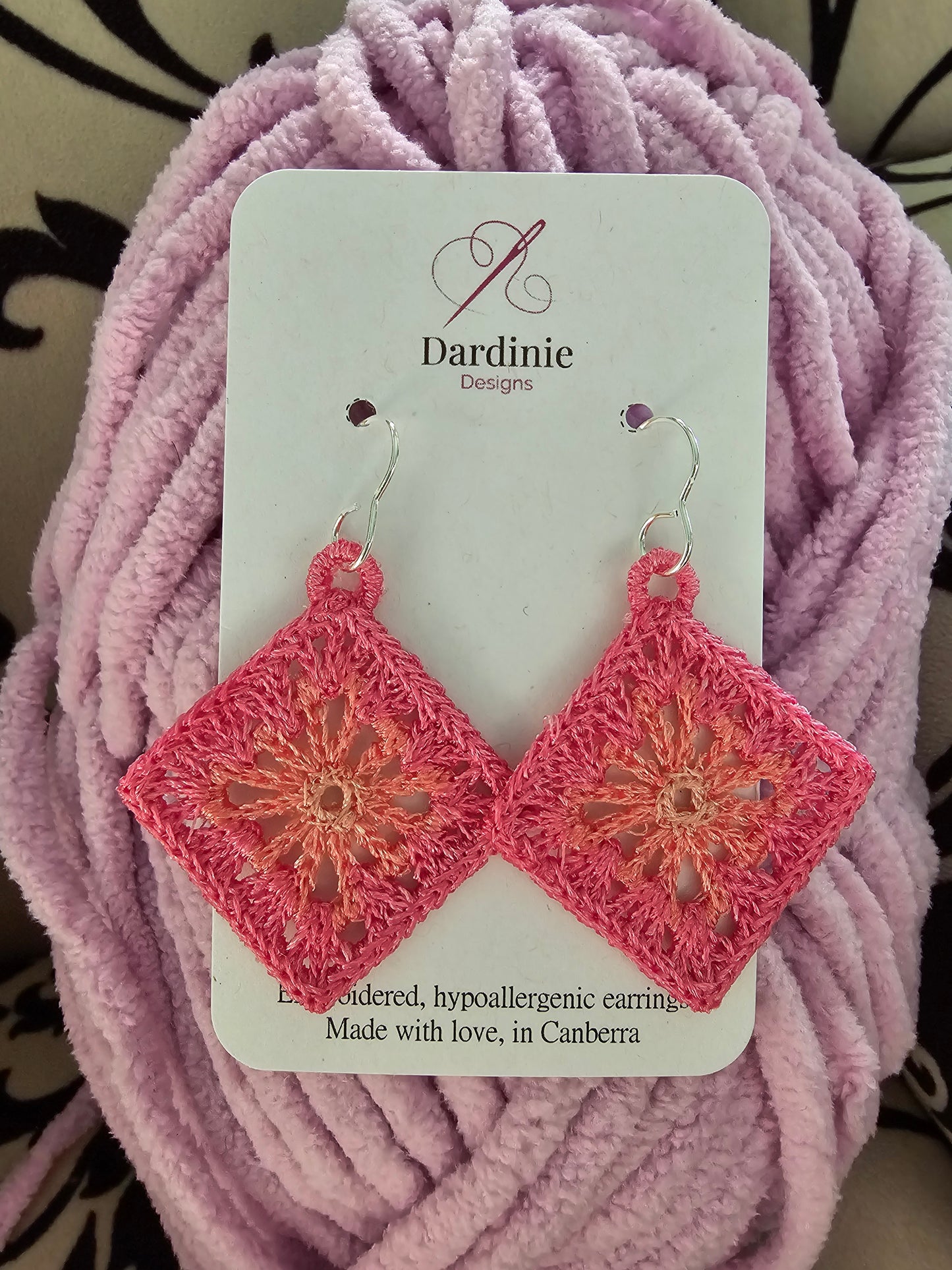 Large Pink Granny Square - Crochet Inspired Lightweight Embroidered Earrings with Hypoallergenic hooks
