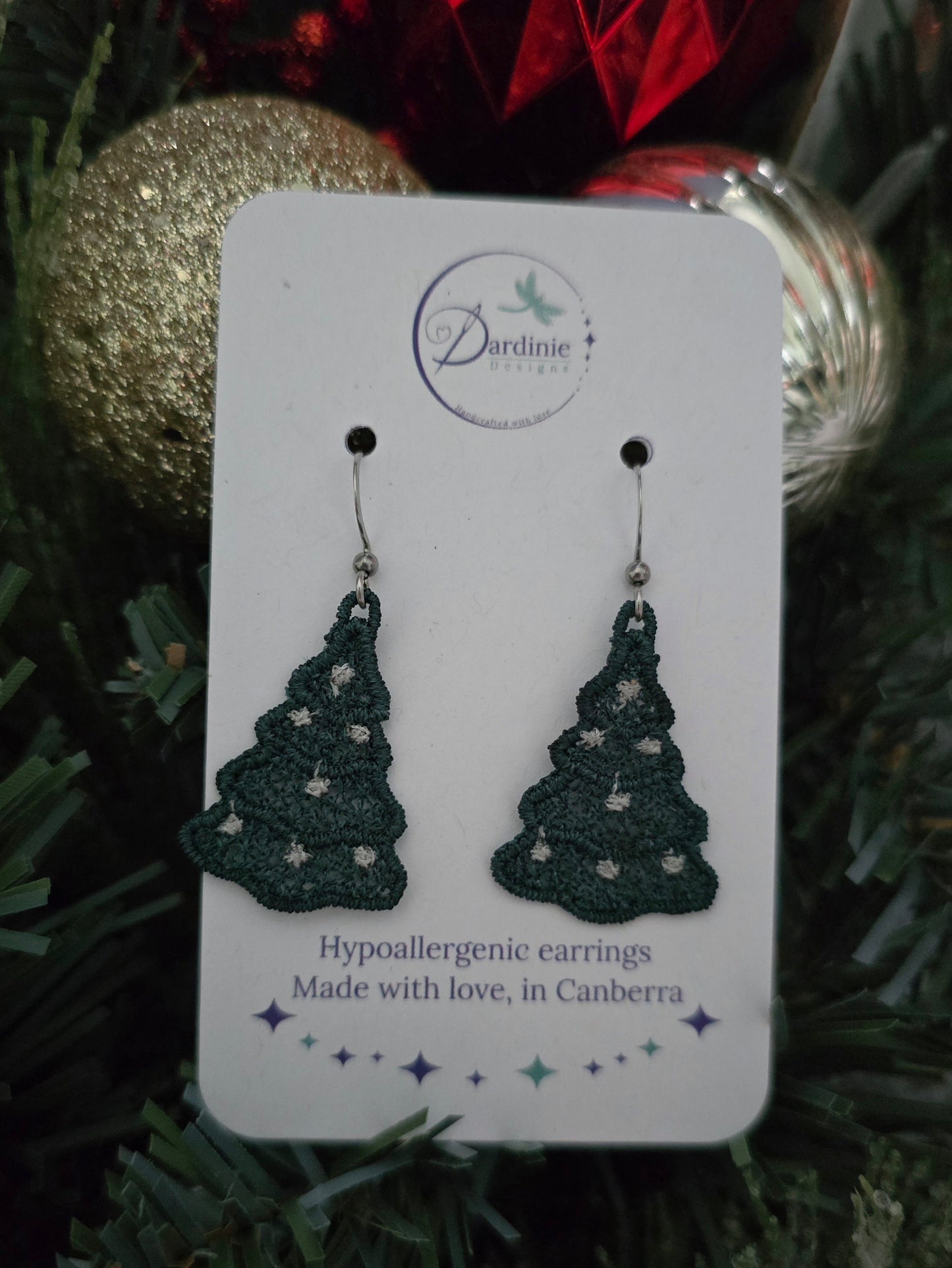 Christmas Tree Lightweight Embroidered Earrings with Hypoallergenic Hooks