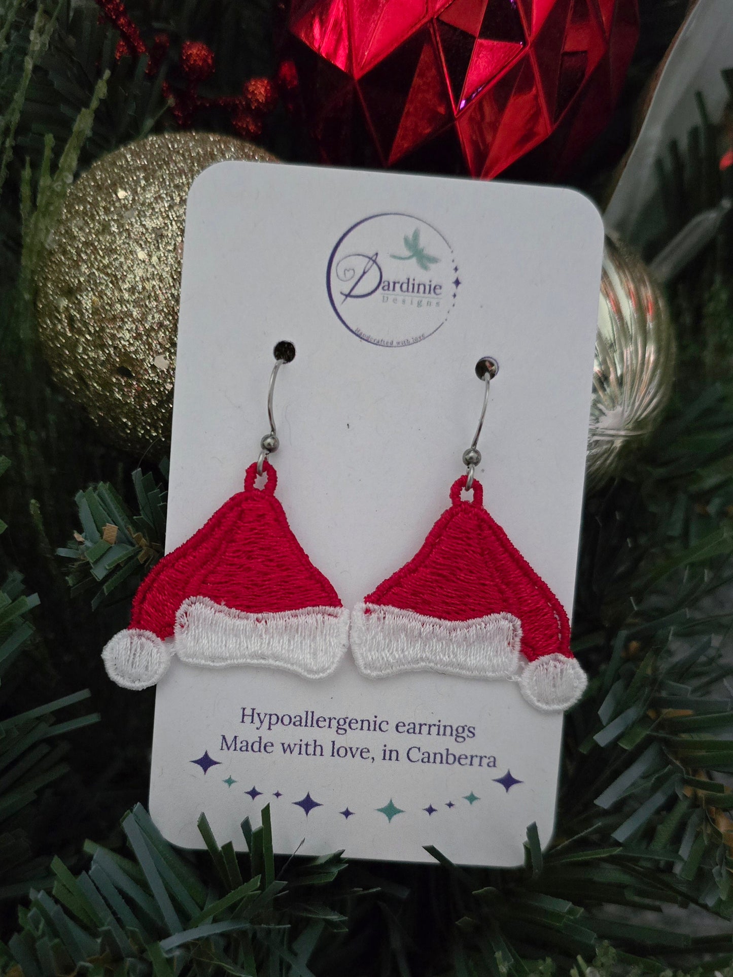 Christmas Santa Hat Lightweight Embroidered Earrings with Hypoallergenic hooks