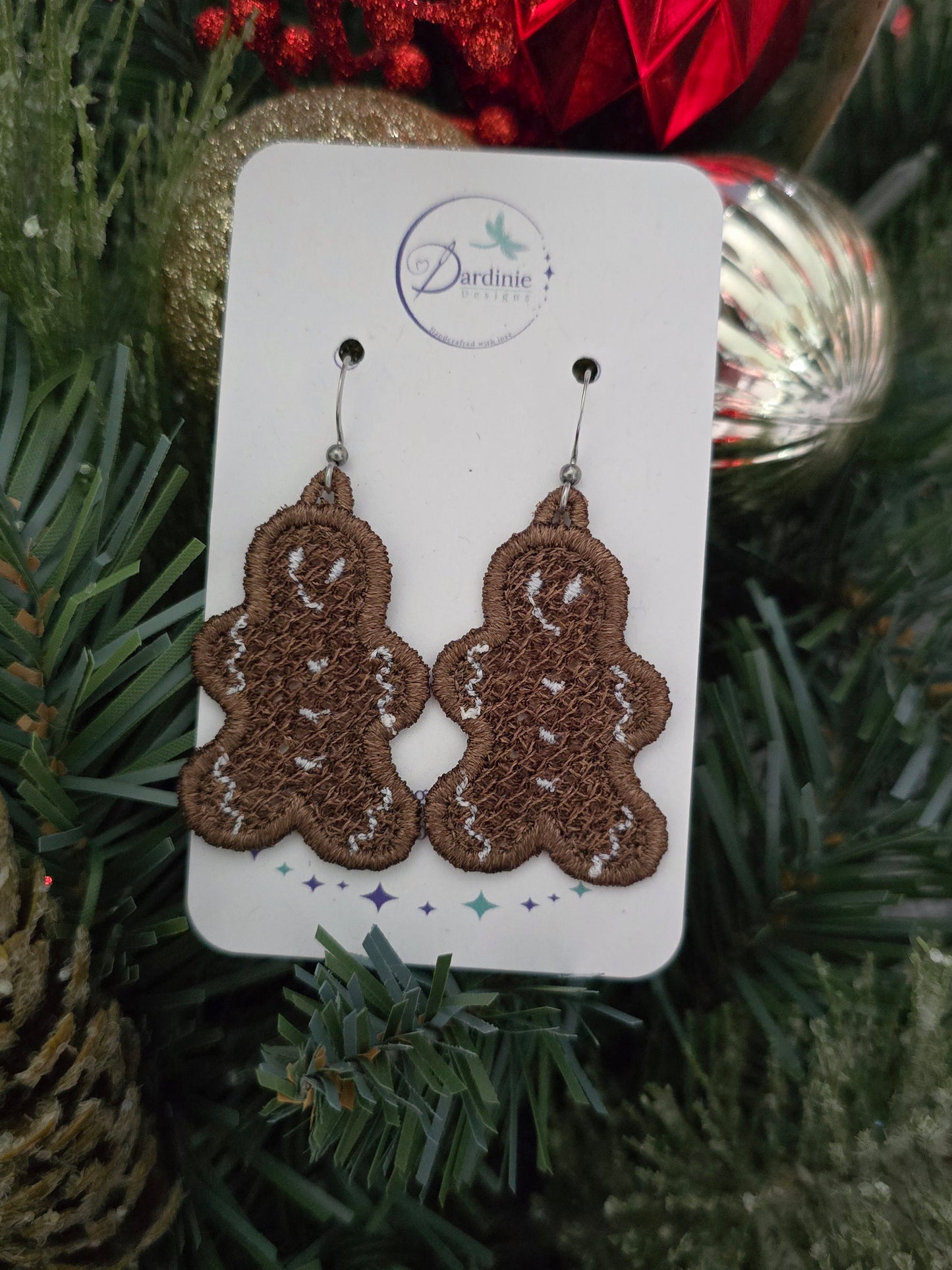 Christmas Gingerbread Man Lightweight Embroidered Earrings with Hypoallergenic hooks