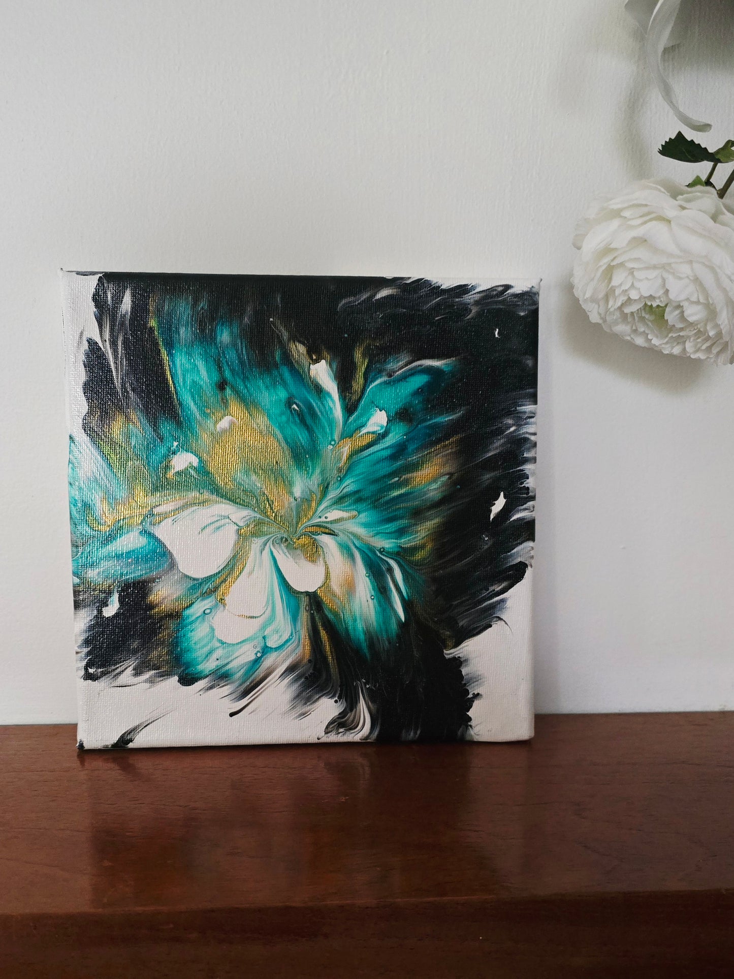 White and Gold Lily - Original Abstract Acrylic Pour Painting by Australian Artist - one of a kind