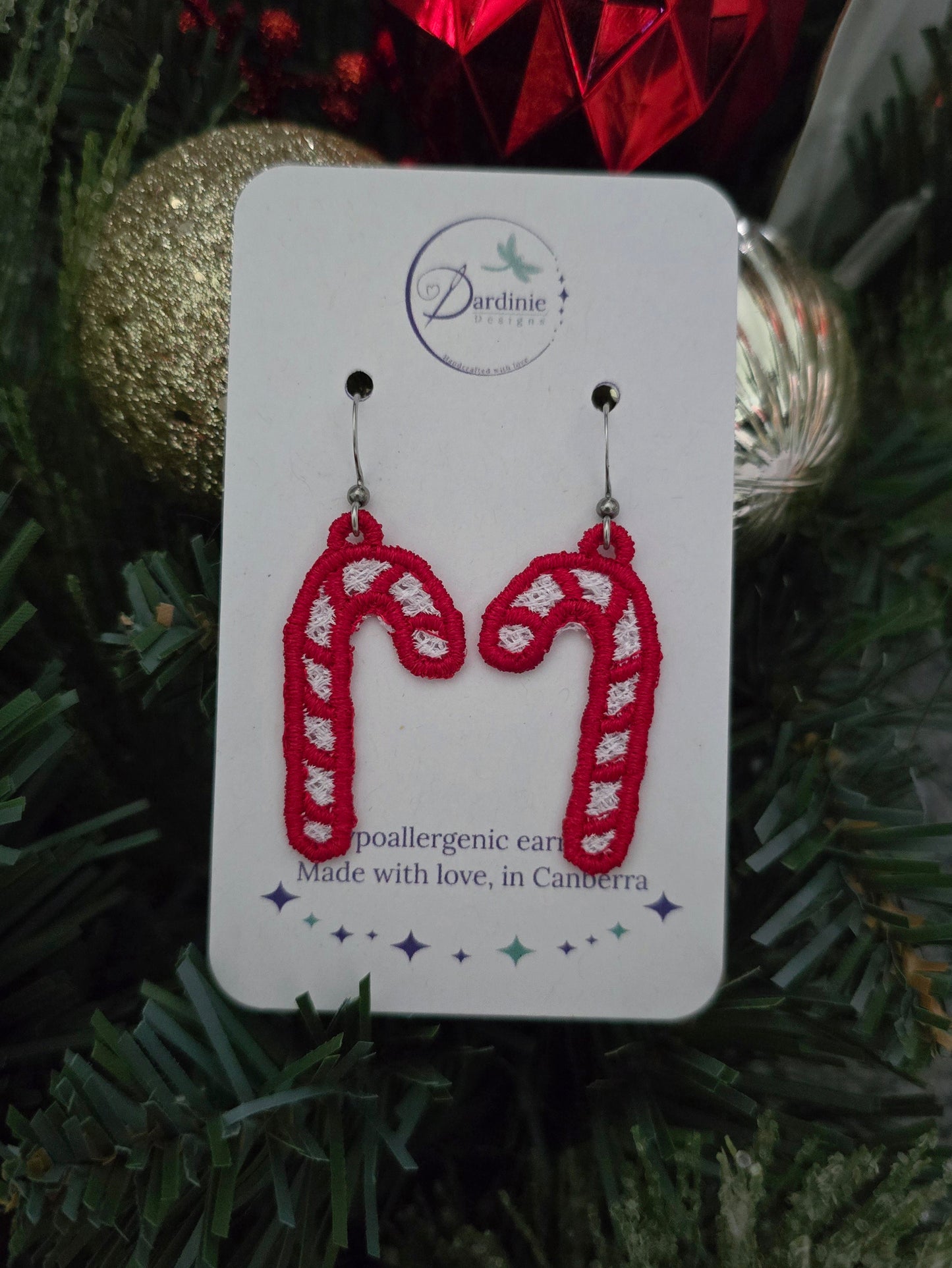Candy Cane Lightweight Embroidered Earrings with Hypoallergenic hooks
