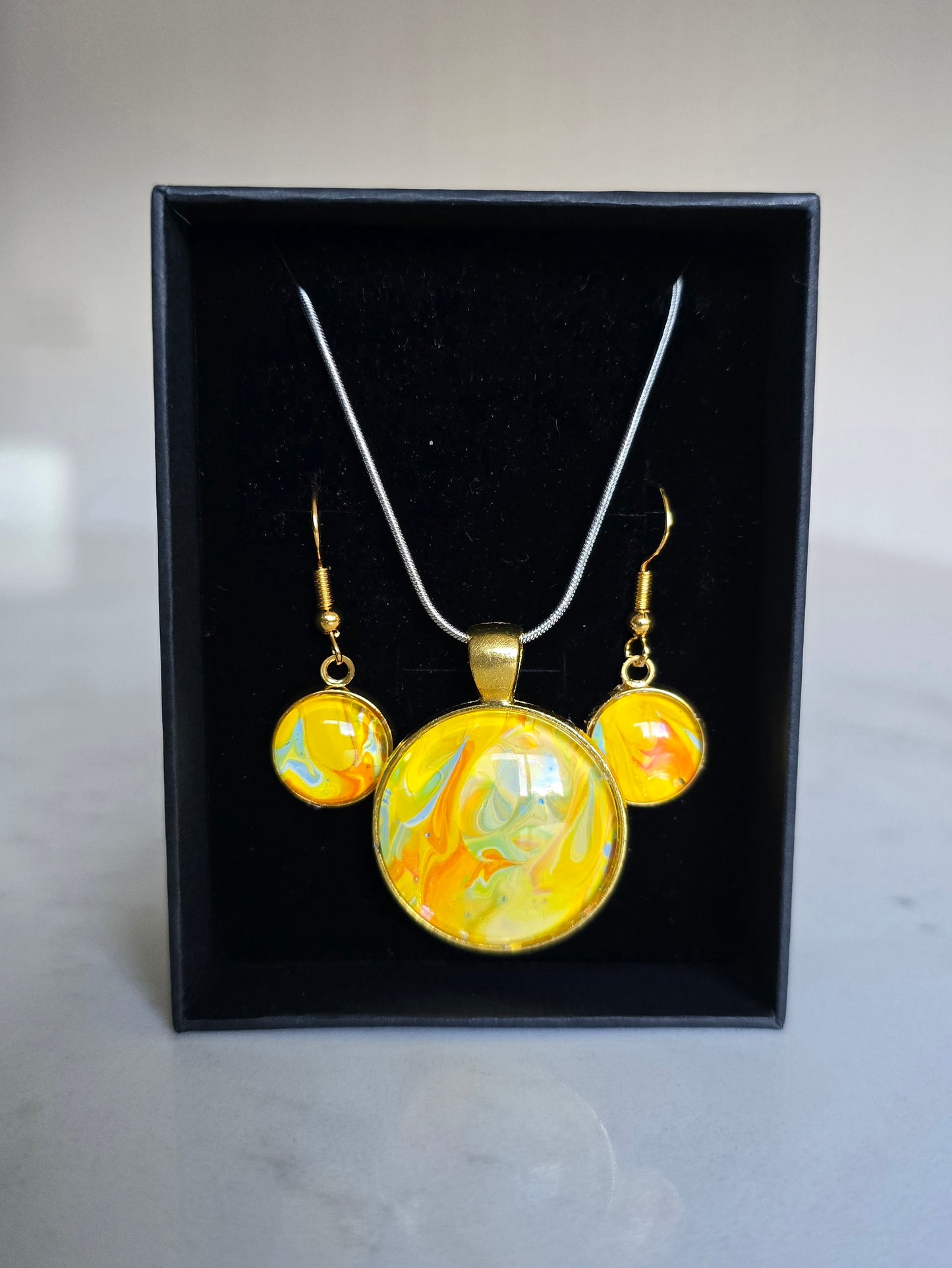 Sunflower - Recycled Paint Pour Jewellery Set – One of a Kind Stainless Steel Necklace & Earrings - Gold