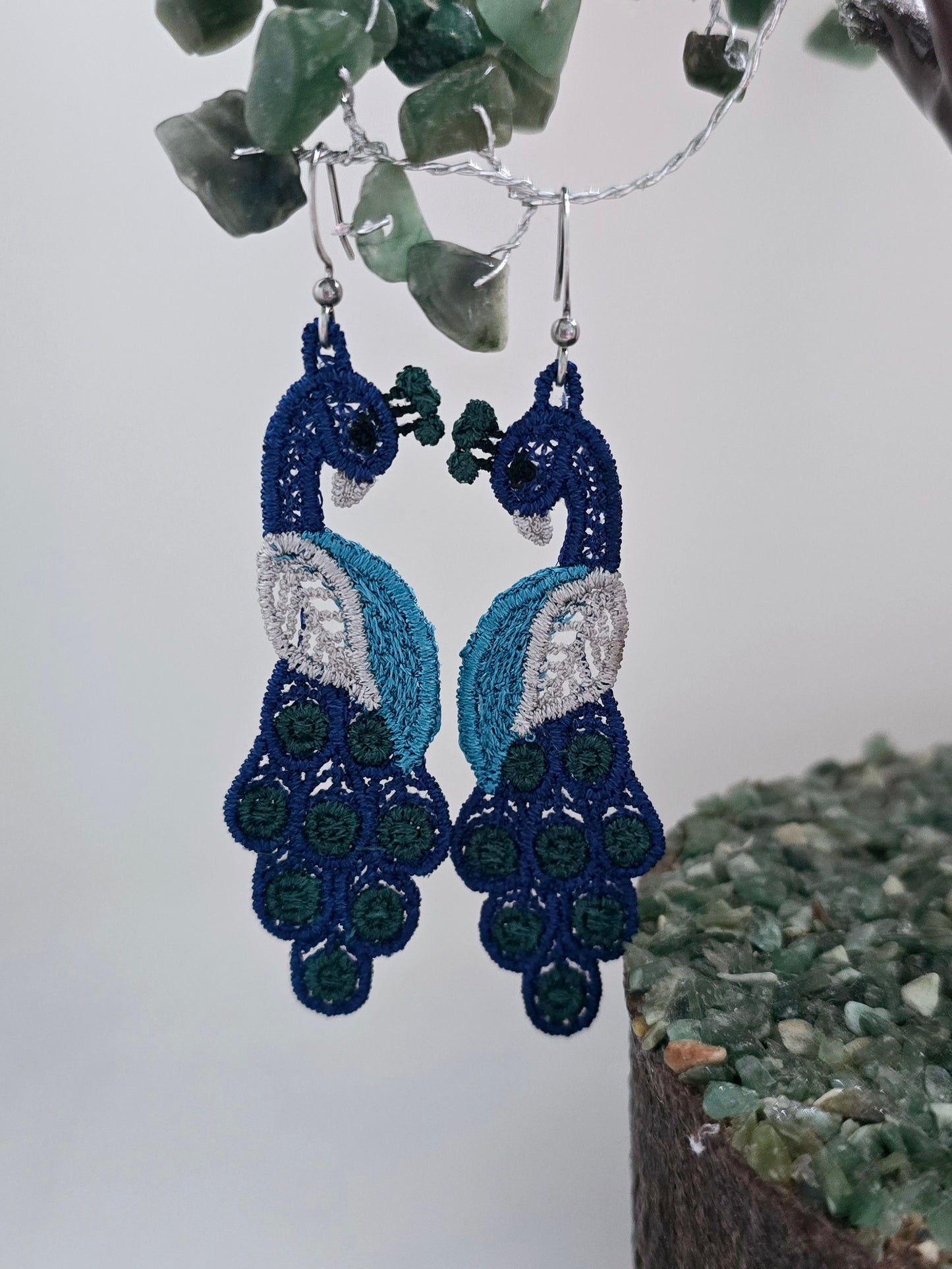 Peacock Lightweight Embroidered Earrings with Hypoallergenic hooks