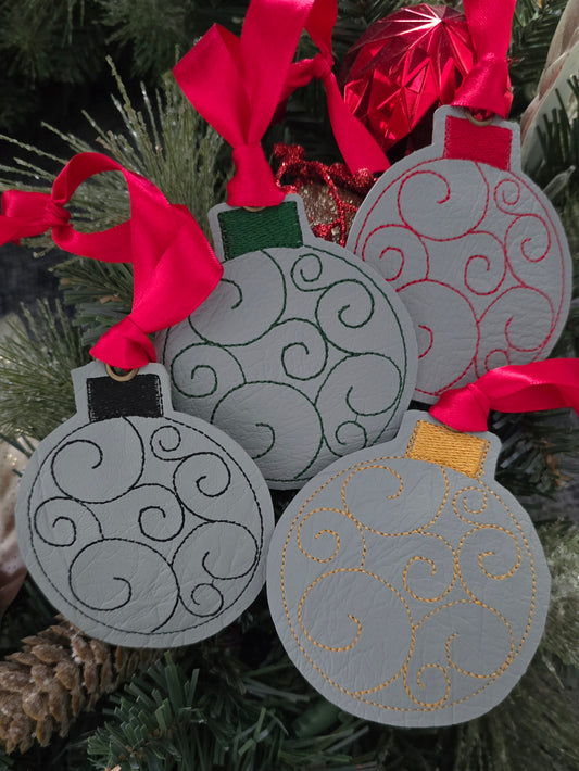 Swirl Embroidered, Vinyl Christmas Baubles with Satin Ribbons - Pack of Four