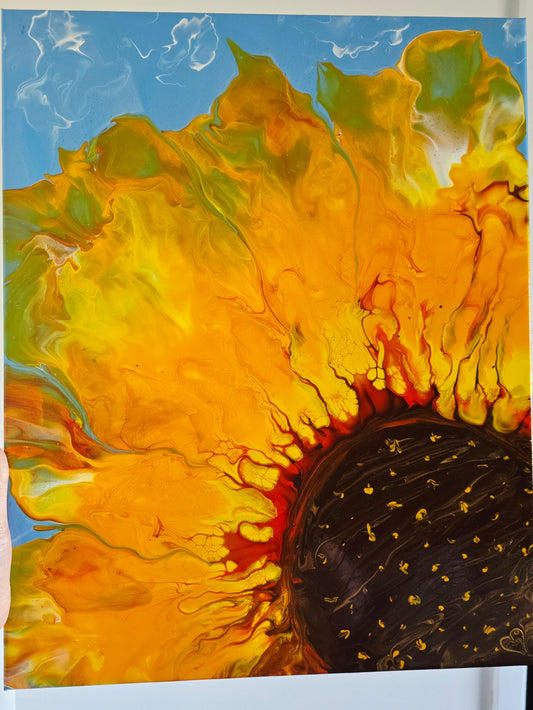 Sunflower Love - Original Abstract Acrylic Pour Statement Painting by Australian Artist - one of a kind