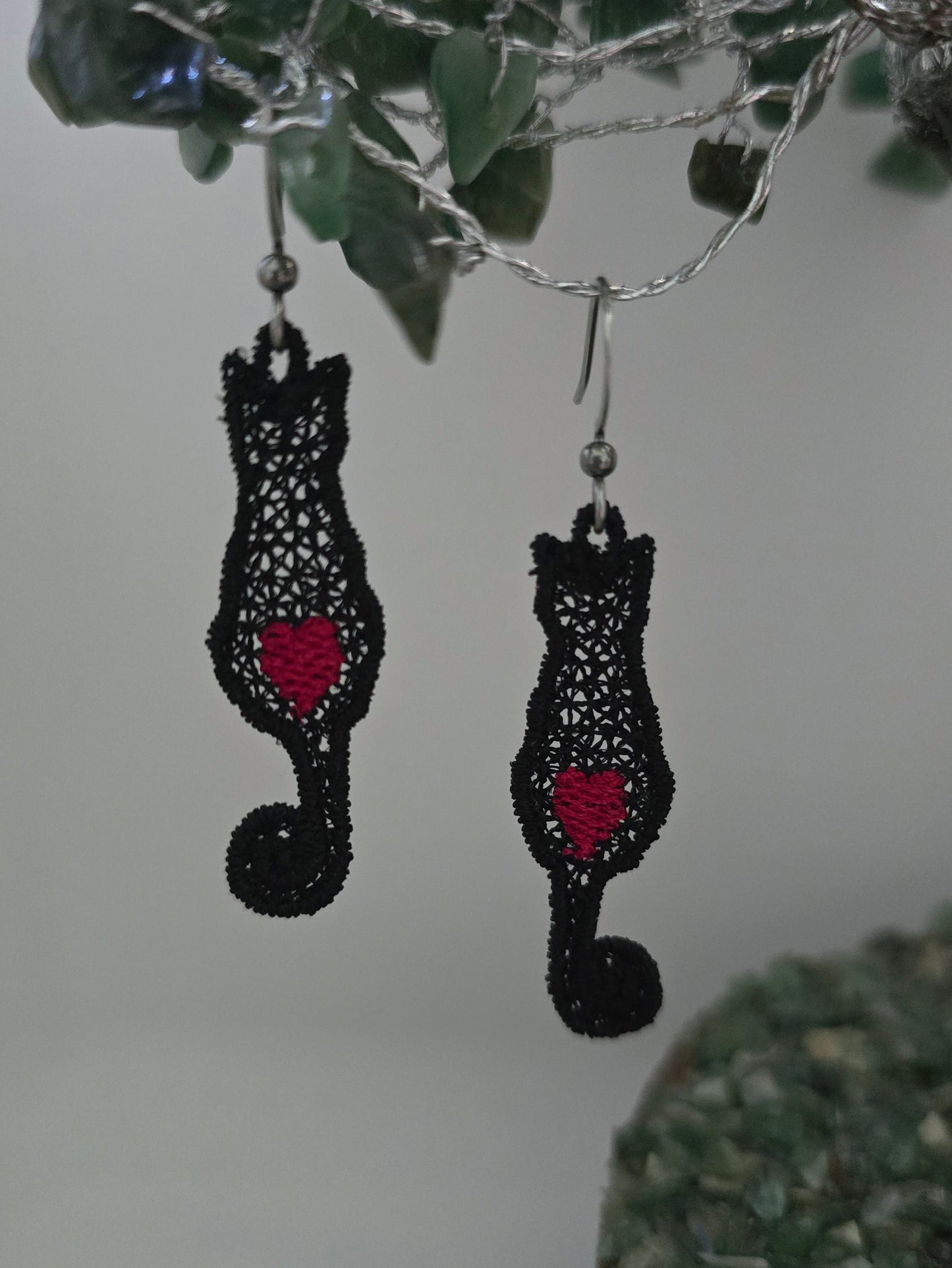 Cat with Heart, Lightweight Embroidered Earrings with Hypoallergenic hooks