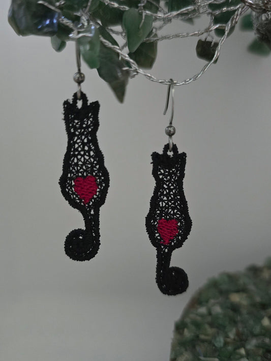 Cat with Heart, Lightweight Embroidered Earrings with Hypoallergenic hooks