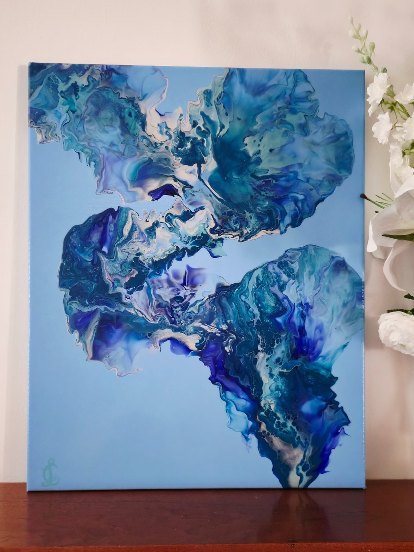 Blue and Silver Statement- Original Abstract Acrylic Pour Painting by Australian Artist - one of a kind