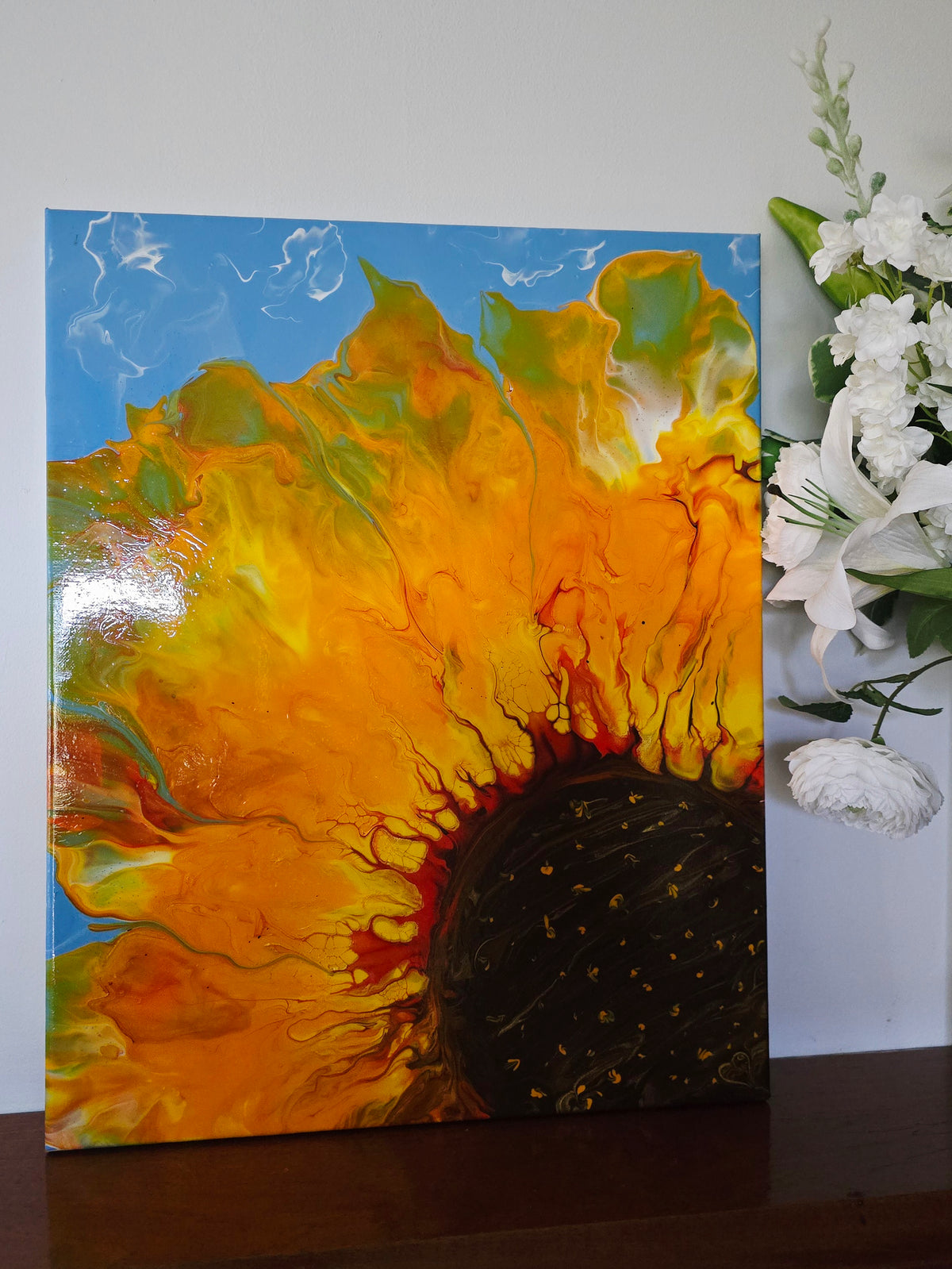 Sunflower Love - Original Abstract Acrylic Pour Statement Painting by Australian Artist - one of a kind