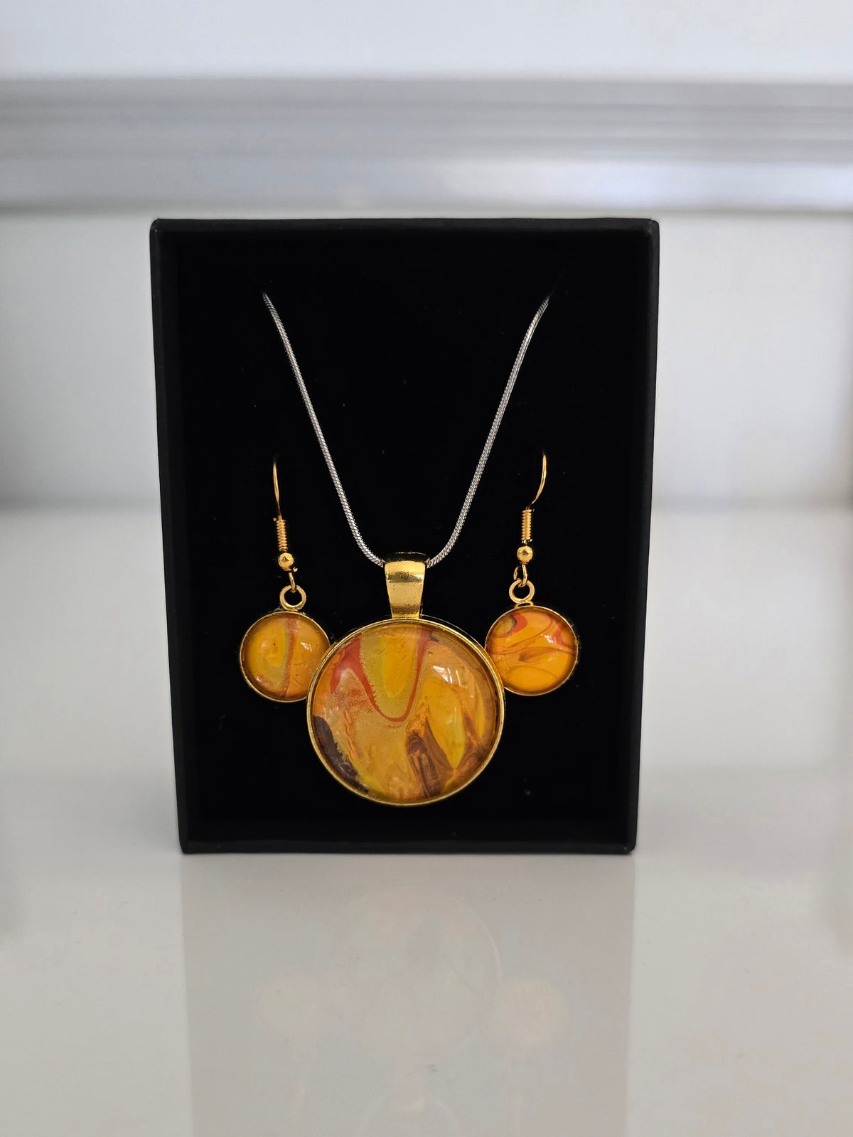 Sunflower - Recycled Paint Pour Jewellery Set – One of a Kind Stainless Steel Necklace & Earrings
