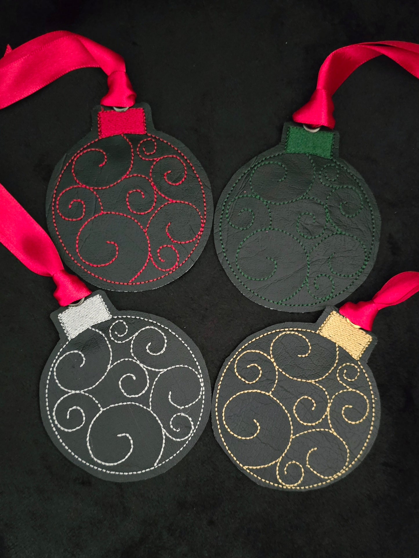 Swirl Embroidered, Vinyl Christmas Baubles with Satin Ribbons - Pack of Four