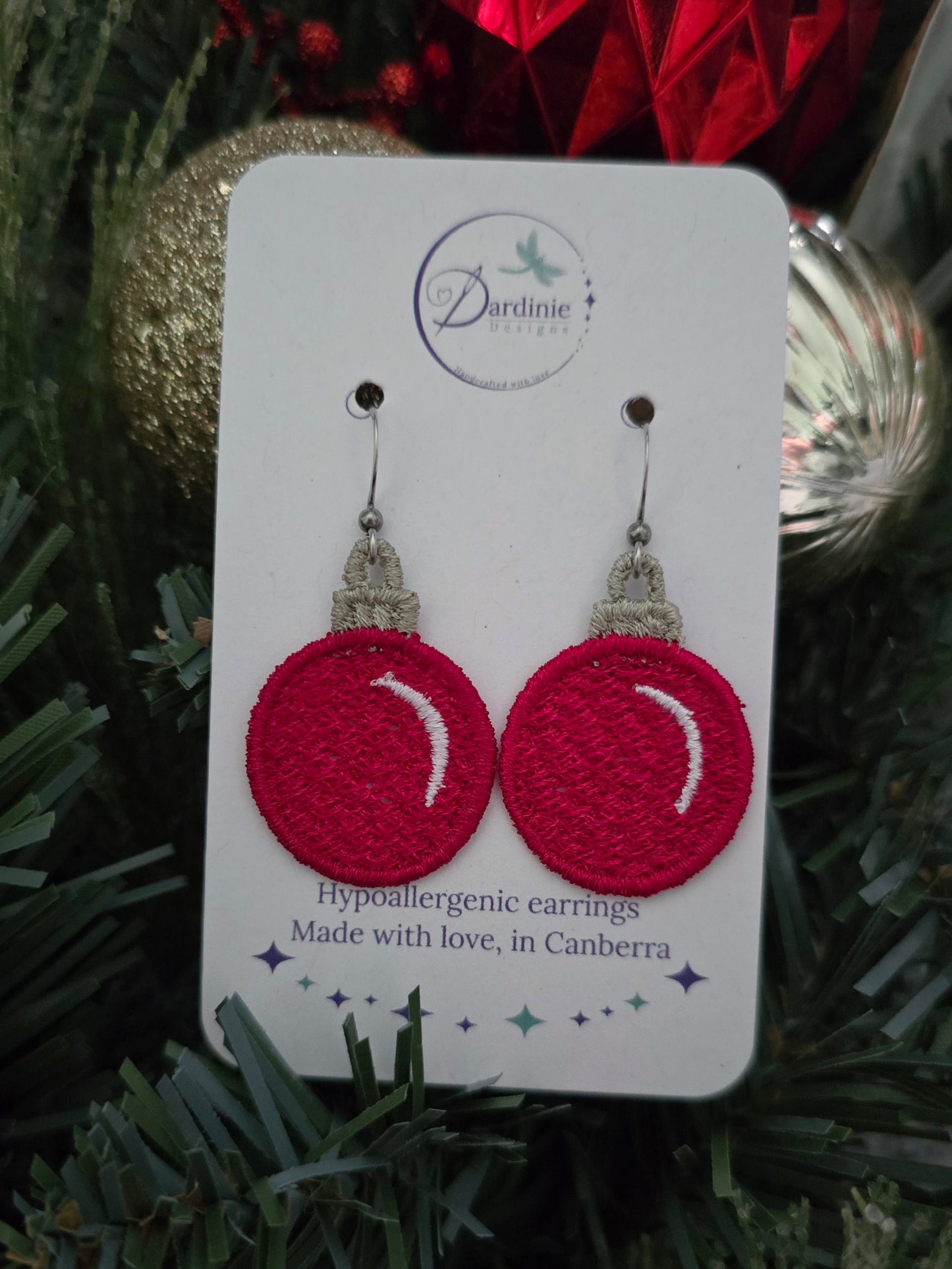 Christmas Bauble Lightweight Embroidered Earrings with Hypoallergenic hooks