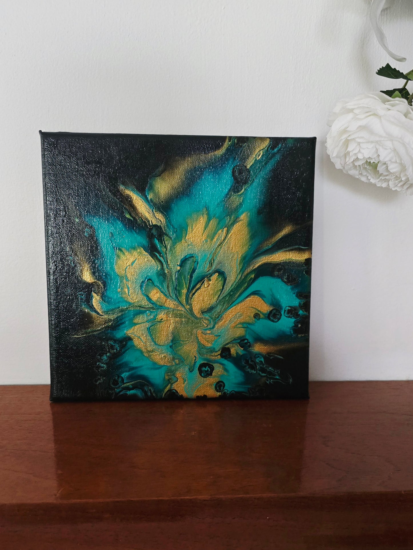 Green and Gold Lily - Original Abstract Acrylic Pour Painting by Australian Artist - one of a kind