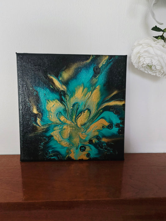 Green and Gold Lily - Original Abstract Acrylic Pour Painting by Australian Artist - one of a kind