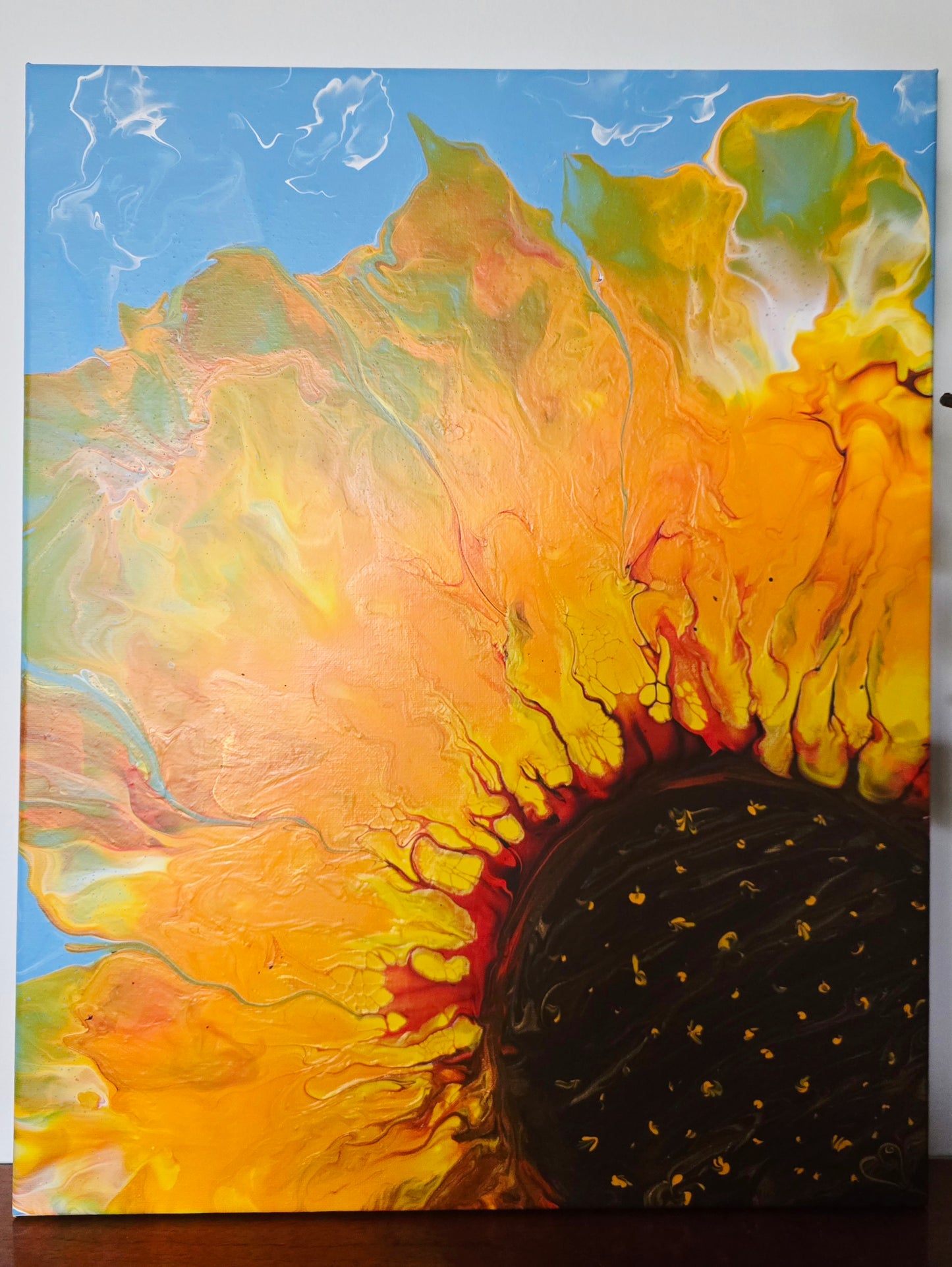 Sunflower Love - Original Abstract Acrylic Pour Statement Painting by Australian Artist - one of a kind
