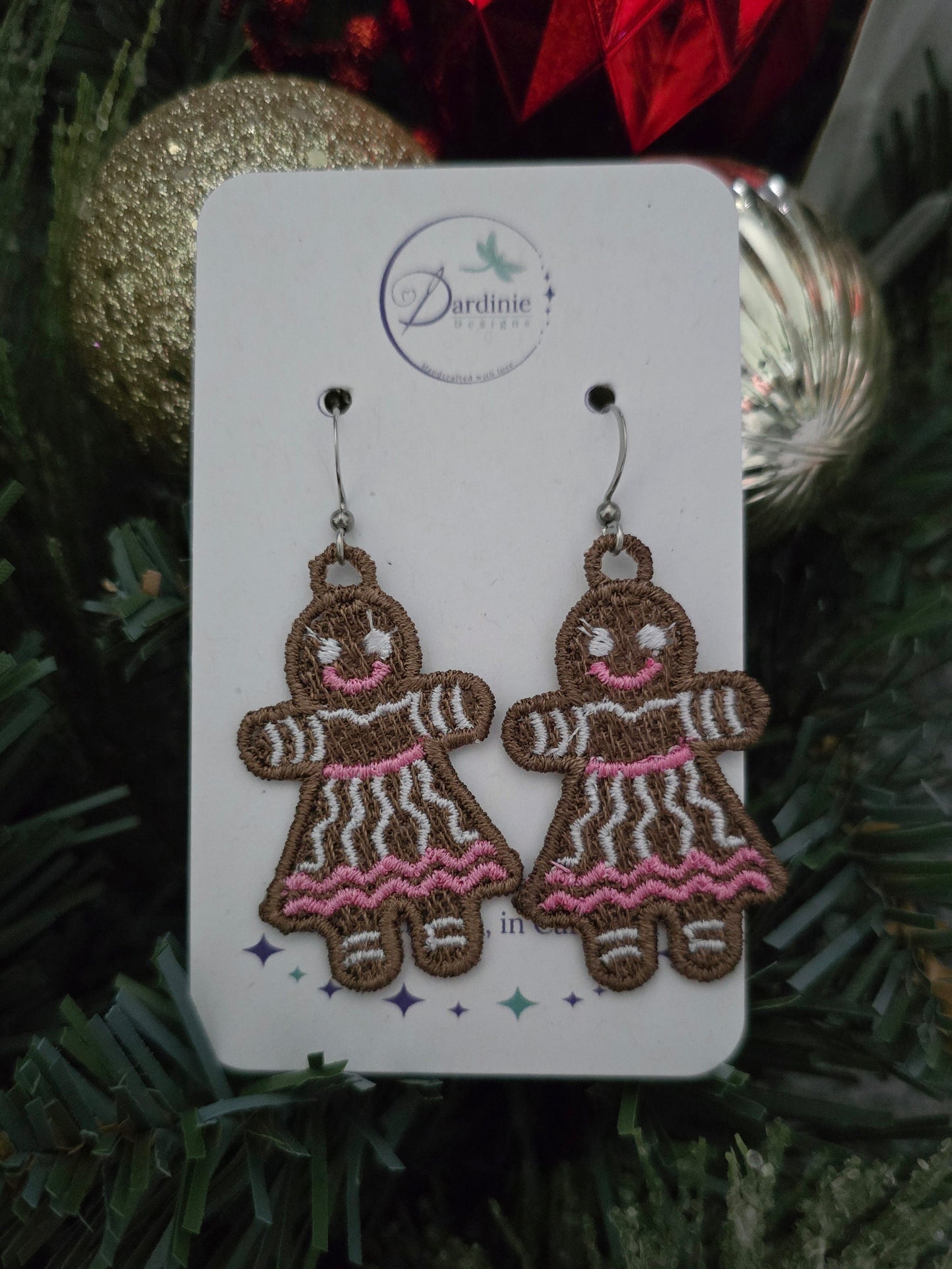Christmas Gingerbread Girl Lightweight Embroidered Earrings with Hypoallergenic hooks