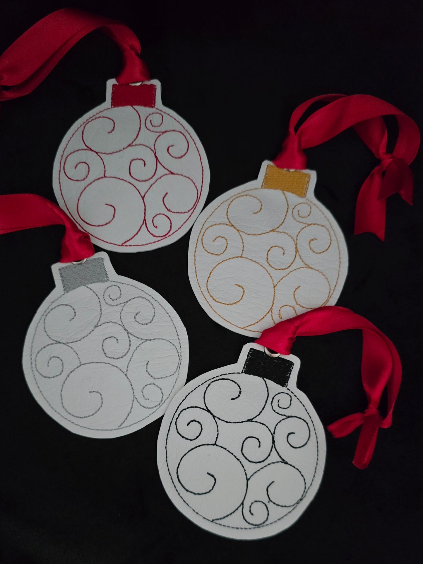 Swirl Embroidered, Vinyl Christmas Baubles with Satin Ribbons - Pack of Four