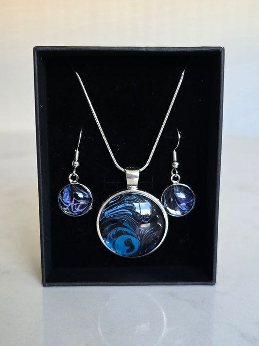 Recycled Paint Pour Jewellery Set – One of a Kind Stainless Steel Necklace & Earrings