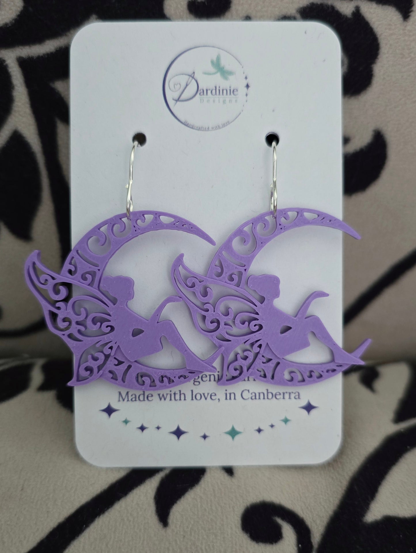 Fairy on Moon 3D Printed Earrings with Hypoallergenic Hooks