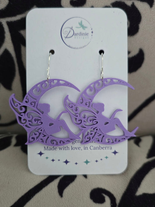 Fairy on Moon 3D Printed Earrings with Hypoallergenic Hooks