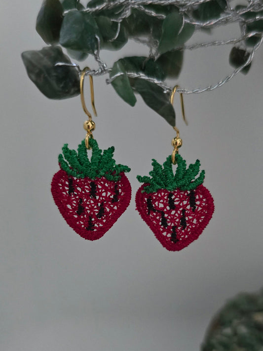 Strawberry Lightweight Embroidered Earrings with Hypoallergenic hooks