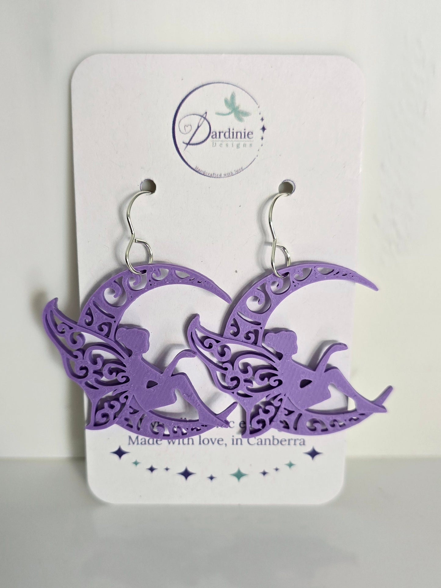 Fairy on Moon 3D Printed Earrings with Hypoallergenic Hooks