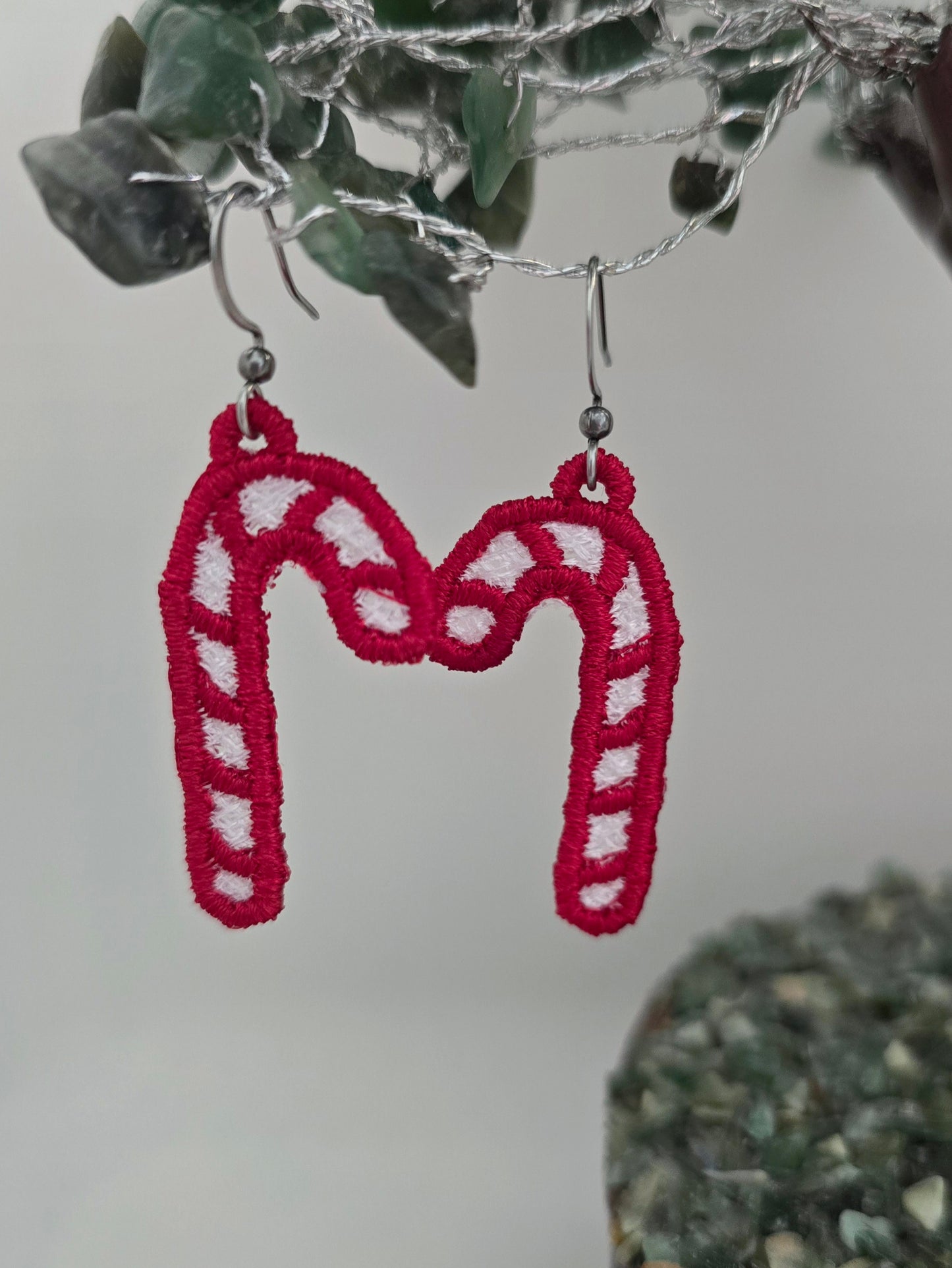 Candy Cane Lightweight Embroidered Earrings with Hypoallergenic hooks