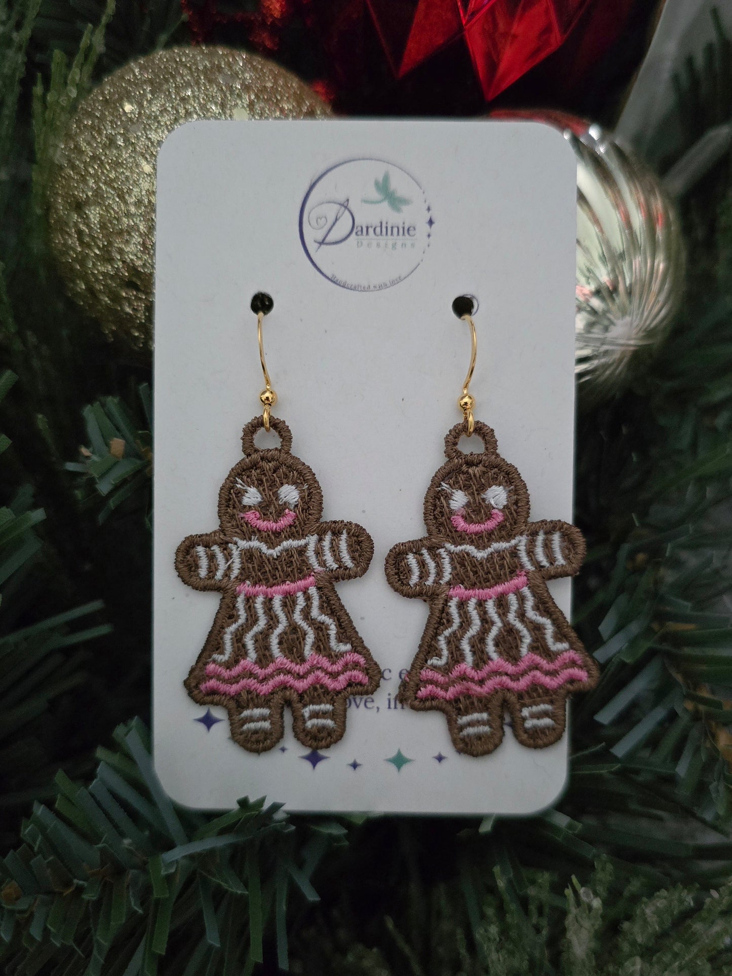 Christmas Gingerbread Girl Lightweight Embroidered Earrings with Hypoallergenic hooks