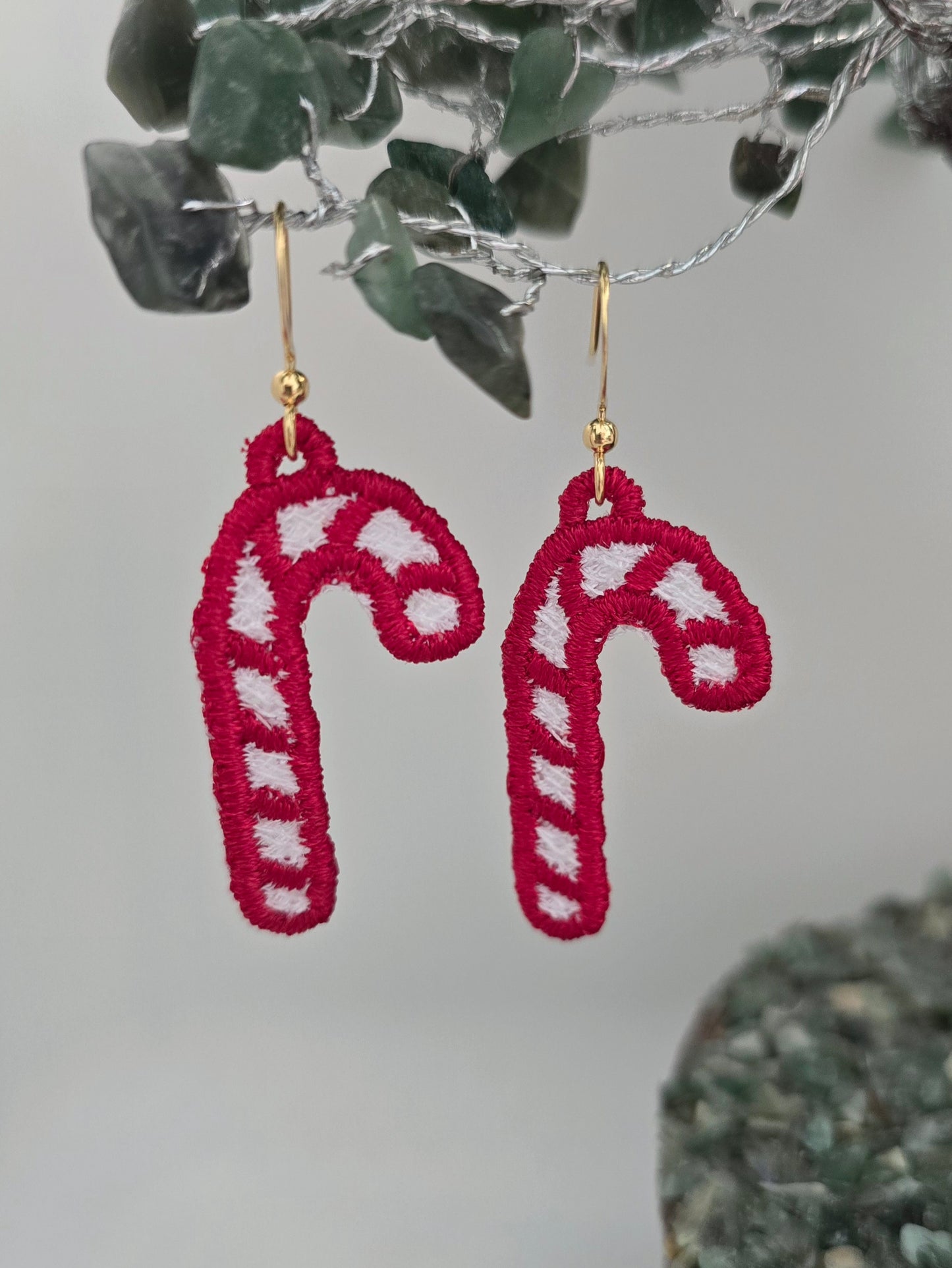 Candy Cane Lightweight Embroidered Earrings with Hypoallergenic hooks