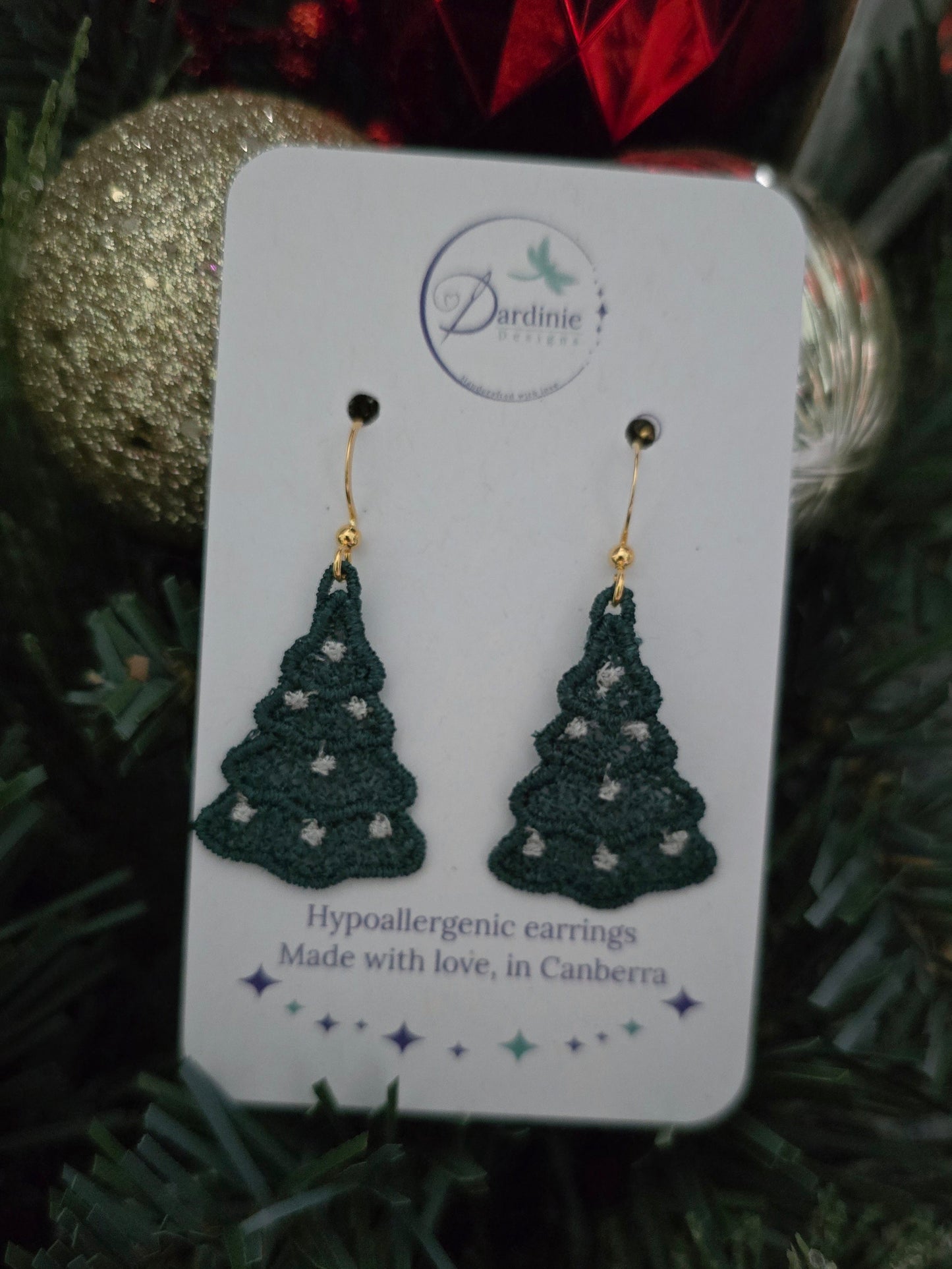 Christmas Tree Lightweight Embroidered Earrings with Hypoallergenic Hooks