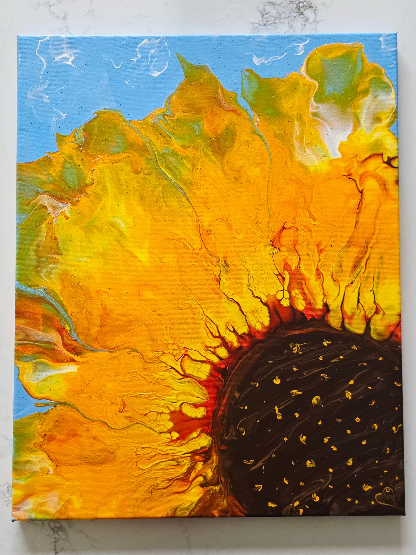 Sunflower Love - Original Abstract Acrylic Pour Statement Painting by Australian Artist - one of a kind