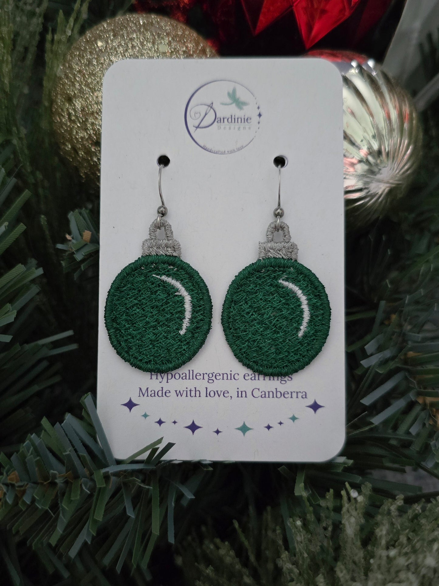 Christmas Bauble Lightweight Embroidered Earrings with Hypoallergenic hooks