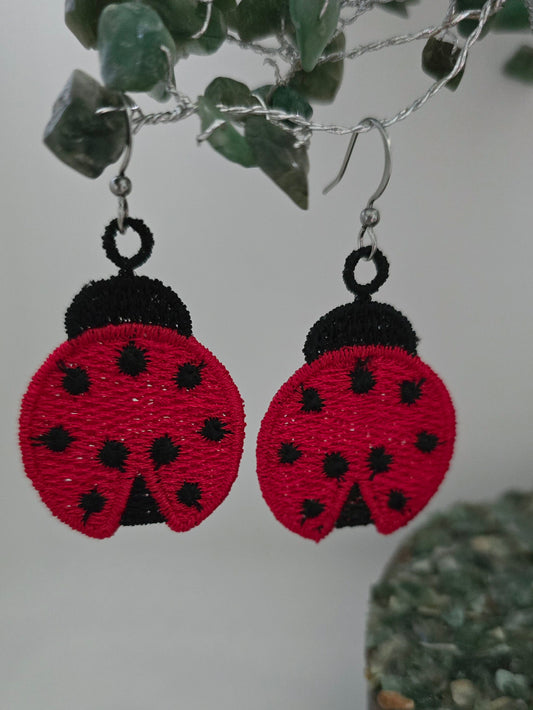 Ladybird / Ladybug Lightweight Embroidered Earrings with Hypoallergenic hooks