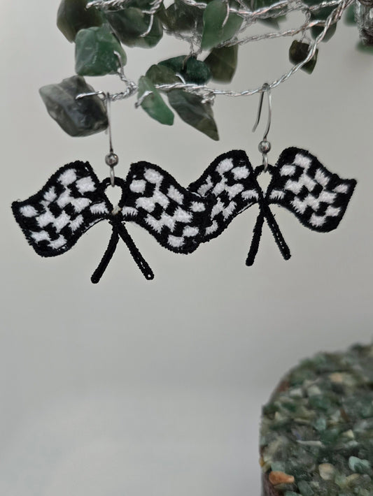 Chequered Flag, Lightweight Embroidered Earrings with Hypoallergenic hooks