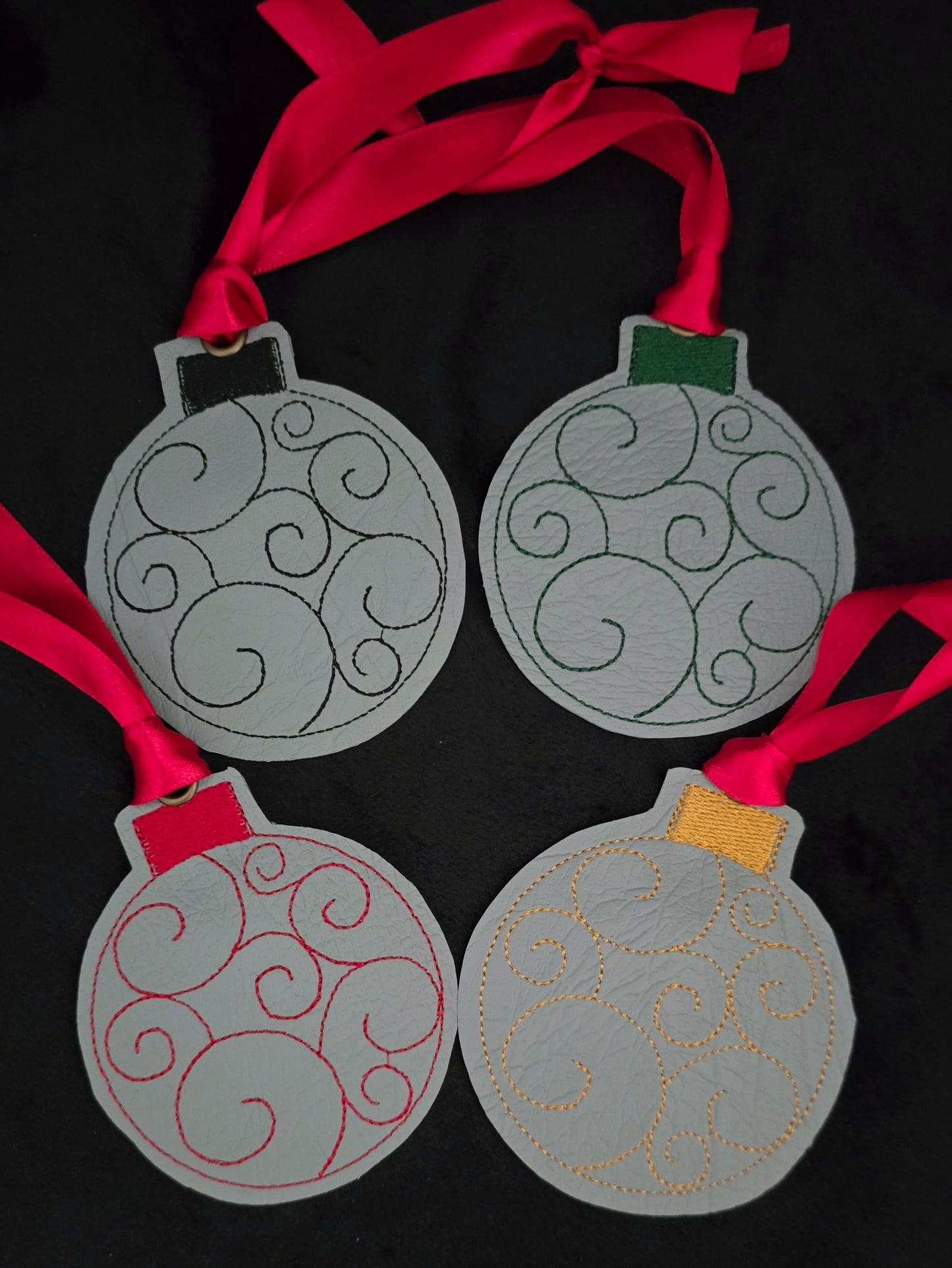 Swirl Embroidered, Vinyl Christmas Baubles with Satin Ribbons - Pack of Four
