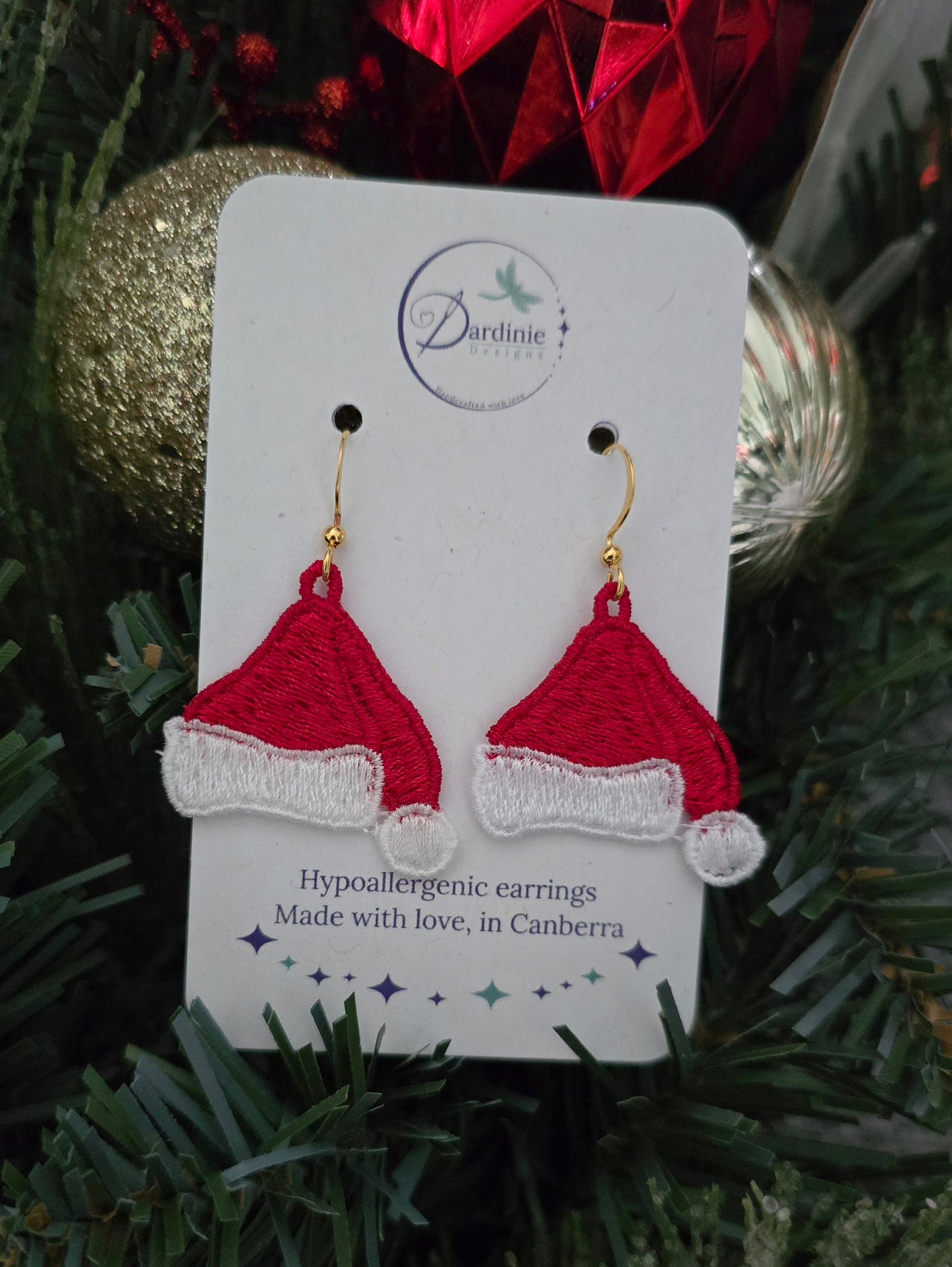 Christmas Santa Hat Lightweight Embroidered Earrings with Hypoallergenic hooks